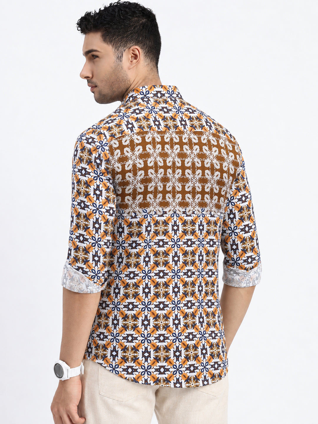 Men’s Printed Brown Slim Fit Long Sleeves Casual Shirt