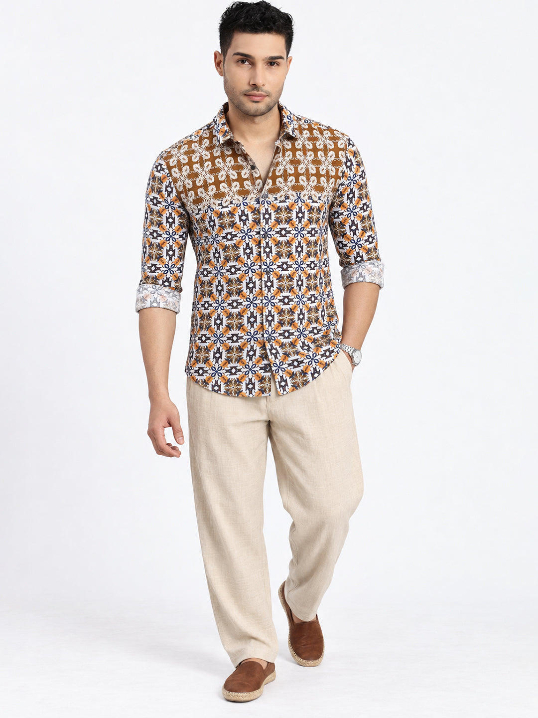 Men’s Printed Brown Slim Fit Long Sleeves Casual Shirt