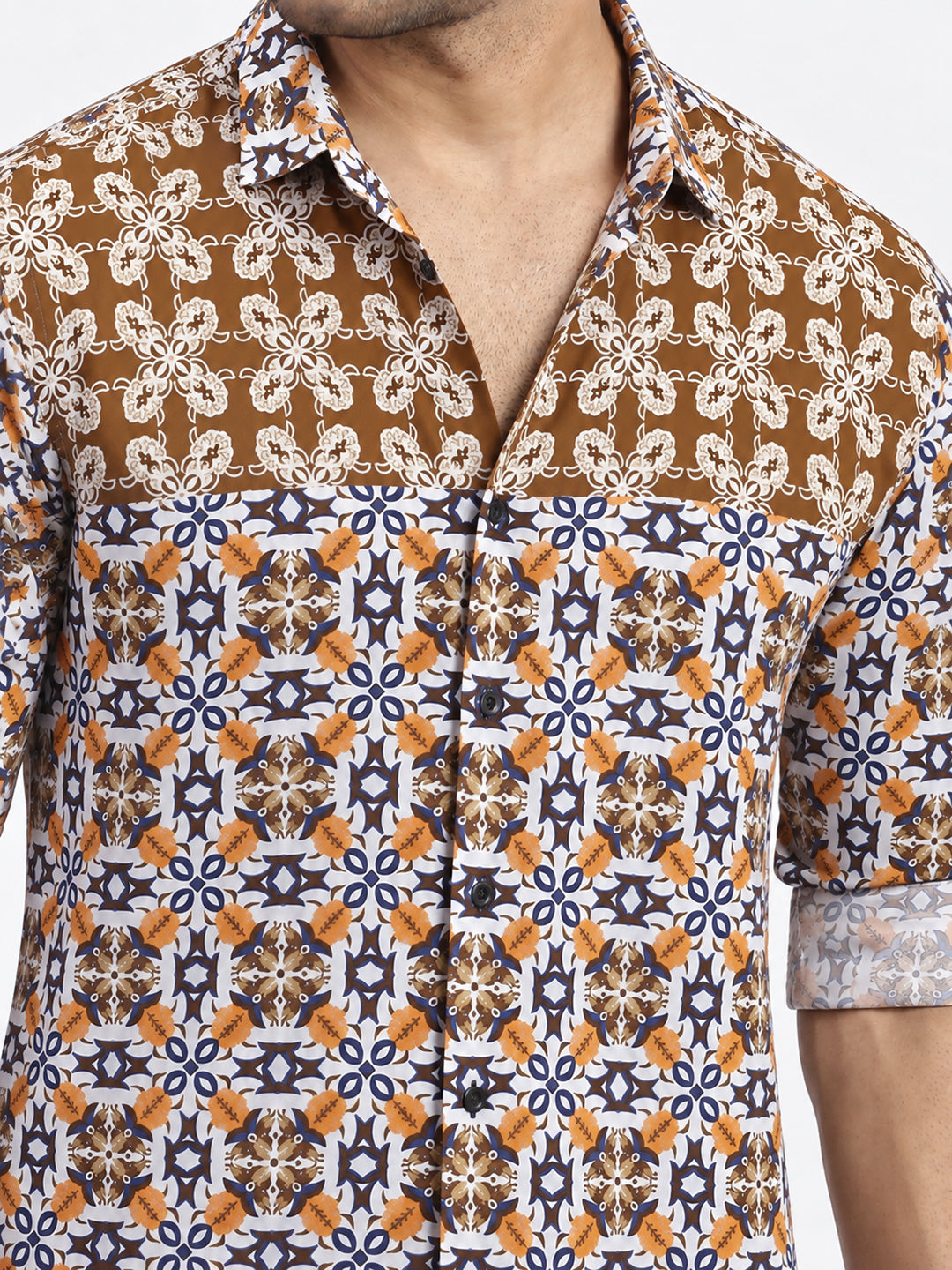 Men’s Printed Brown Slim Fit Long Sleeves Casual Shirt