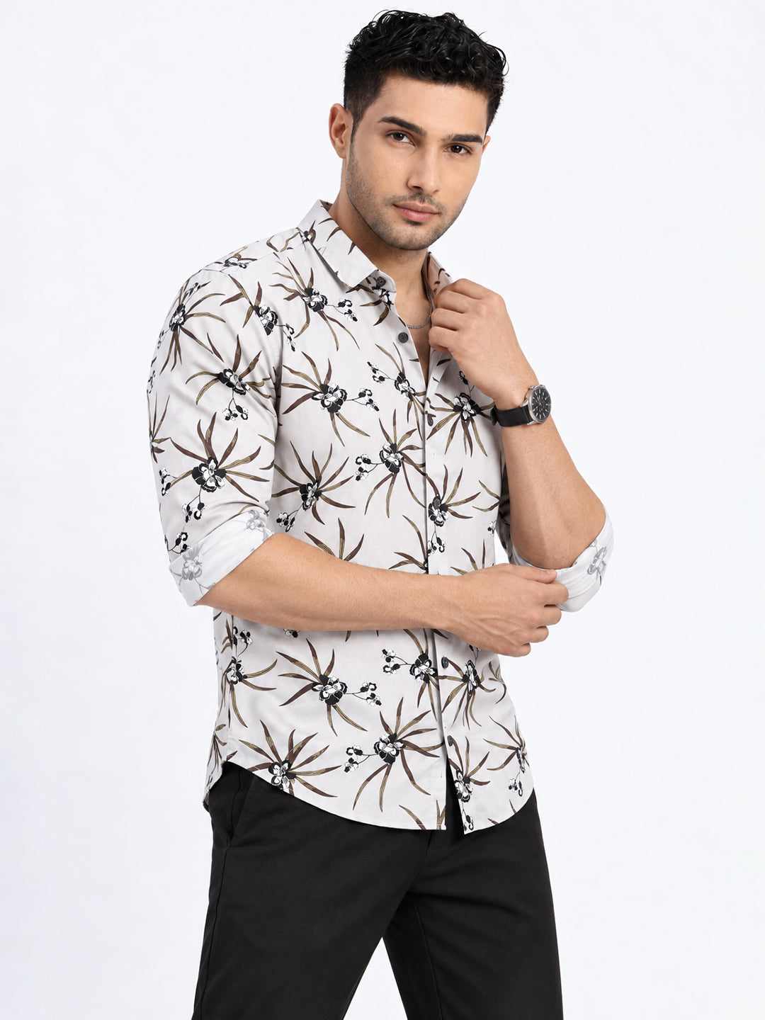 Men’s Tropical Printed Grey Slim Fit Casual Shirt with Spread Collar