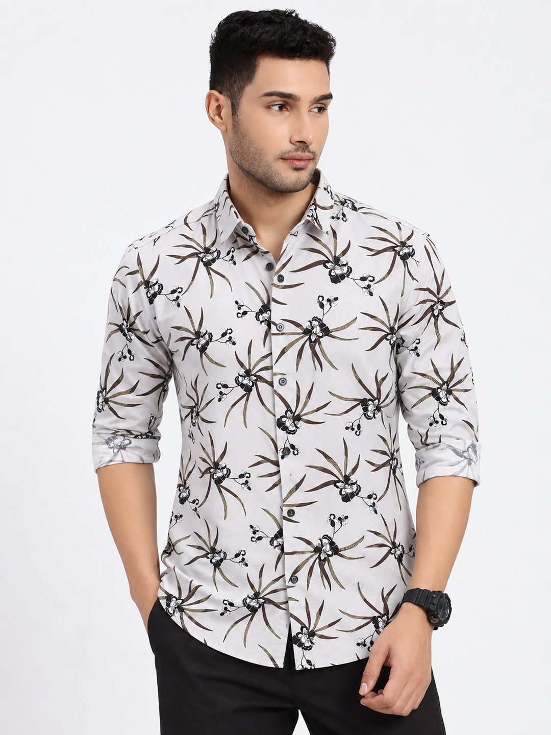 Men’s Tropical Printed Grey Slim Fit Casual Shirt with Spread Collar
