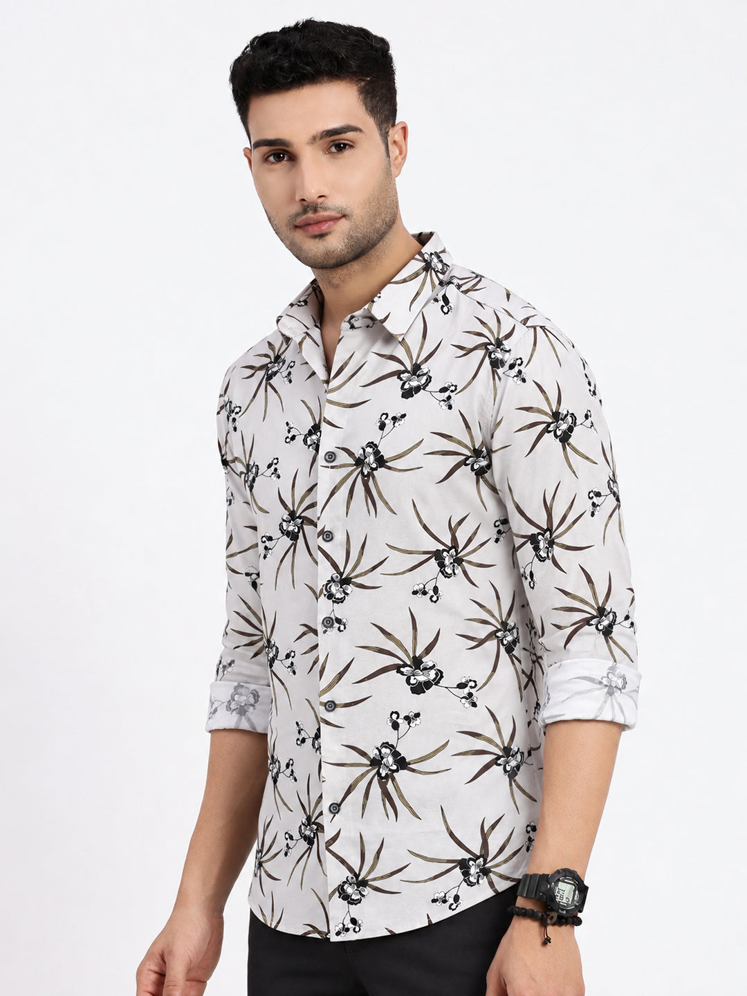 Men’s Tropical Printed Grey Slim Fit Casual Shirt with Spread Collar