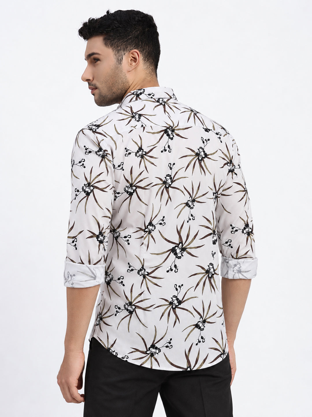 Men’s Tropical Printed Grey Slim Fit Casual Shirt with Spread Collar