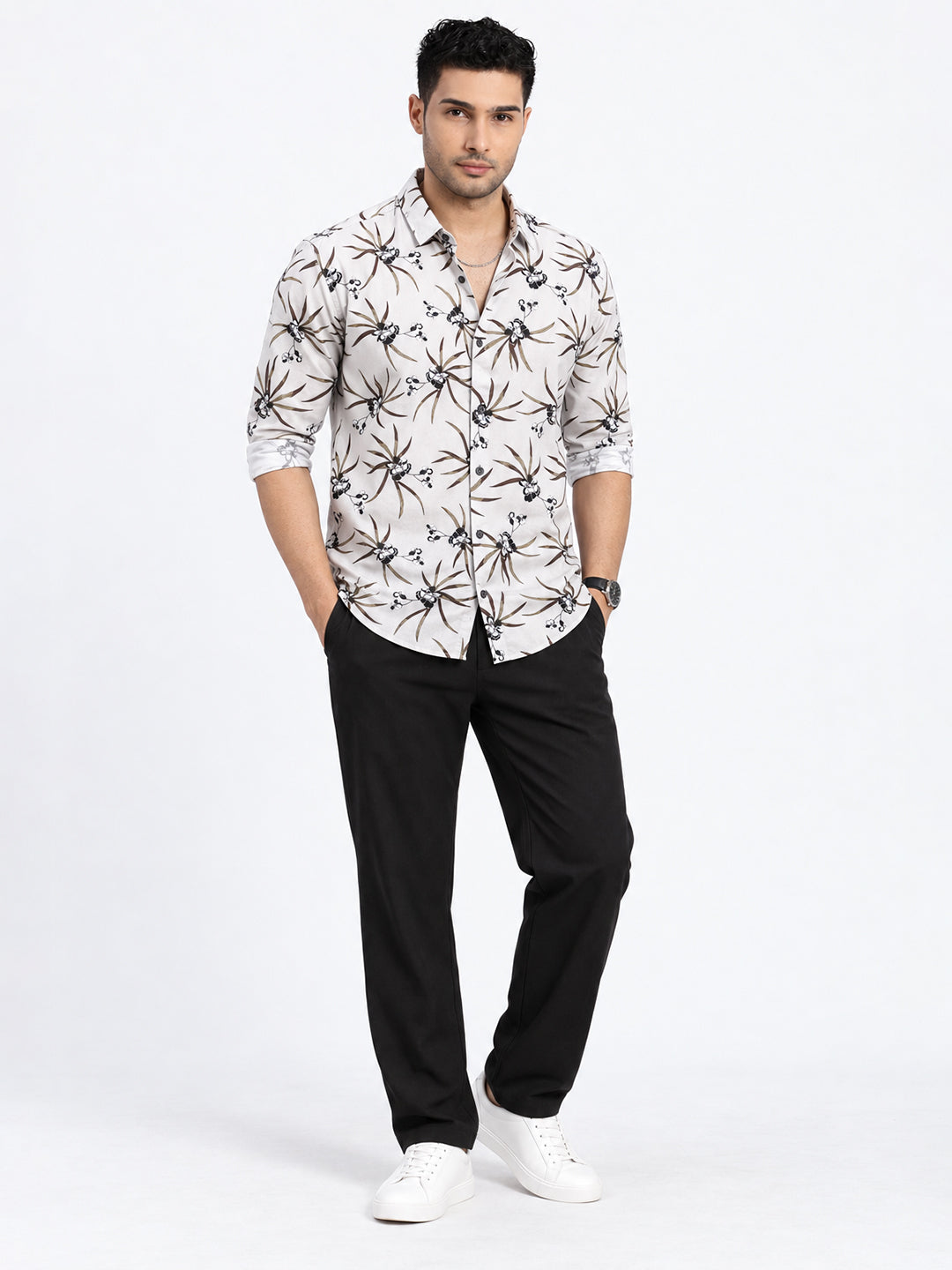 Men’s Tropical Printed Grey Slim Fit Casual Shirt with Spread Collar