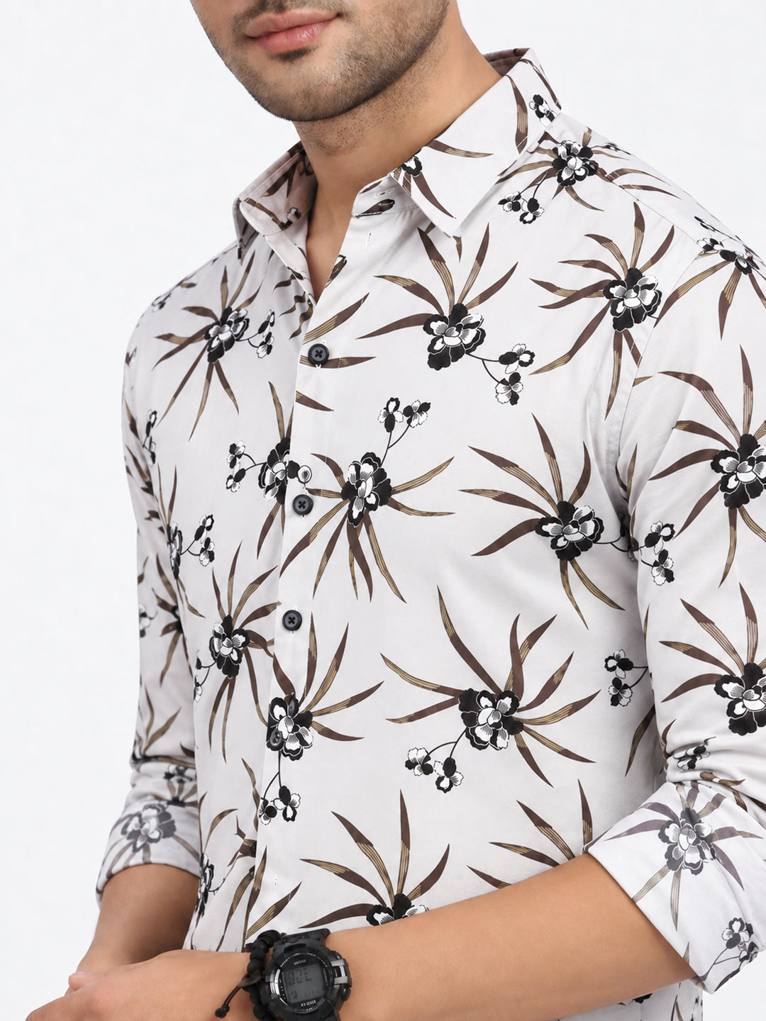 Men’s Tropical Printed Grey Slim Fit Casual Shirt with Spread Collar