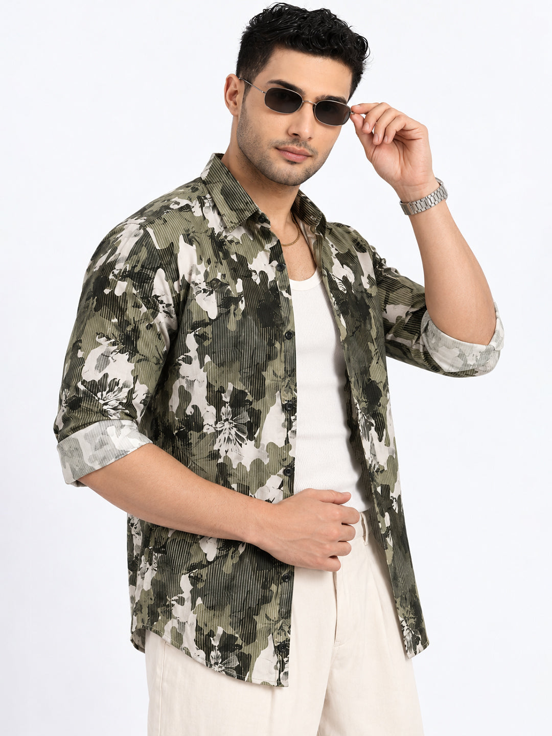 Men’s Abstract Printed Olive Slim Fit Casual Shirt with Spread Collar