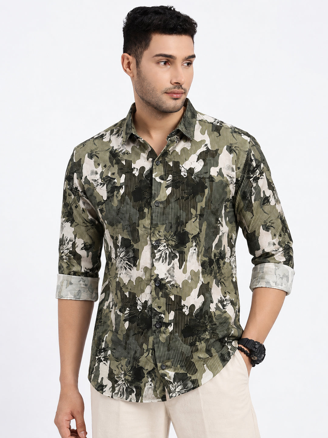 Men’s Abstract Printed Olive Slim Fit Casual Shirt with Spread Collar