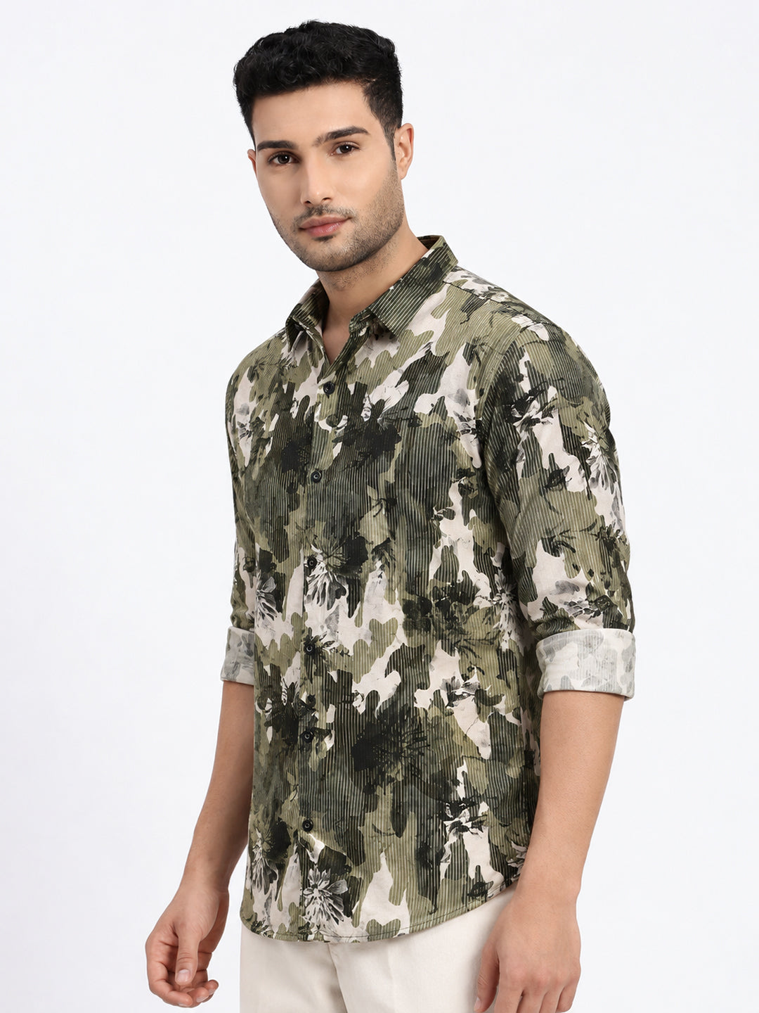 Men’s Abstract Printed Olive Slim Fit Casual Shirt with Spread Collar
