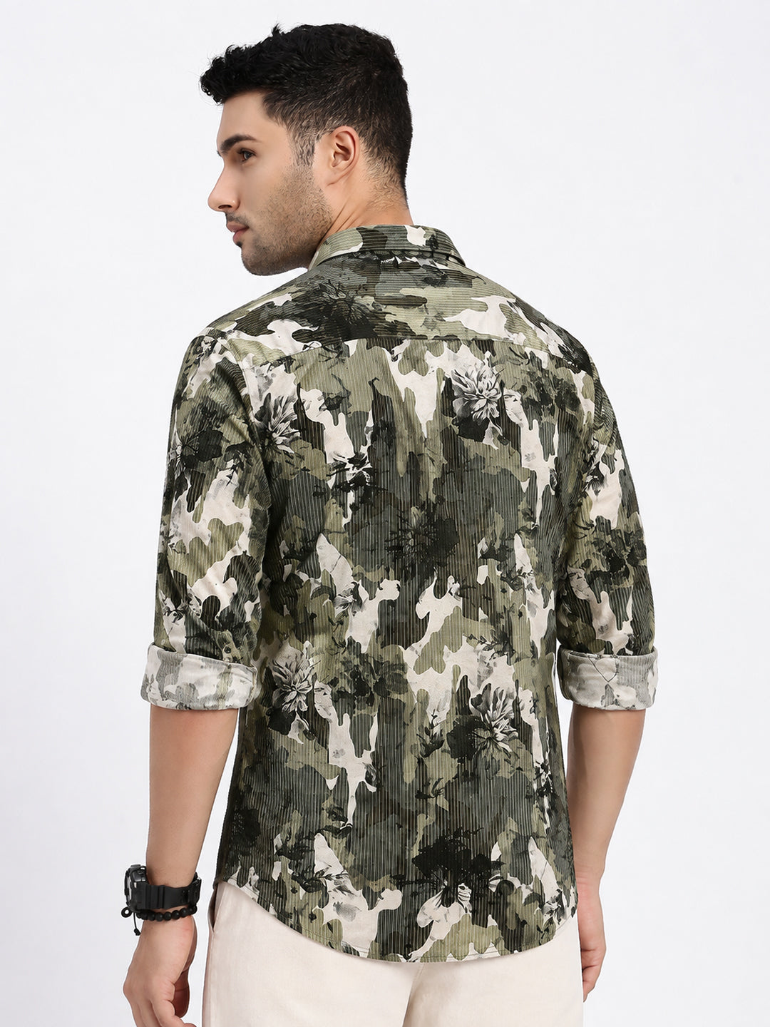 Men’s Abstract Printed Olive Slim Fit Casual Shirt with Spread Collar