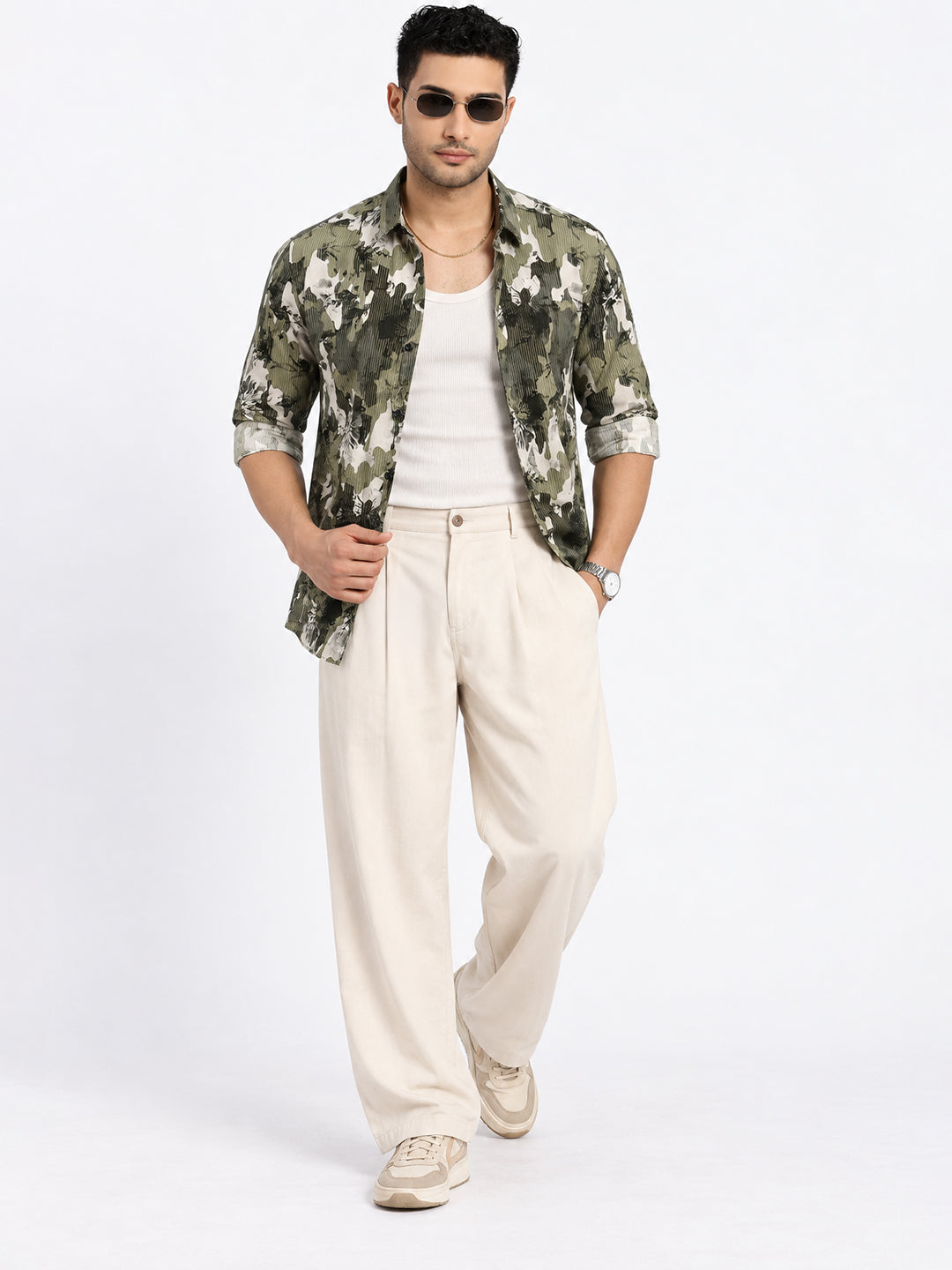 Men’s Abstract Printed Olive Slim Fit Casual Shirt with Spread Collar