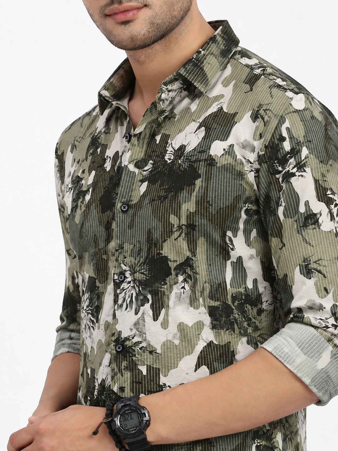 Men’s Abstract Printed Olive Slim Fit Casual Shirt with Spread Collar