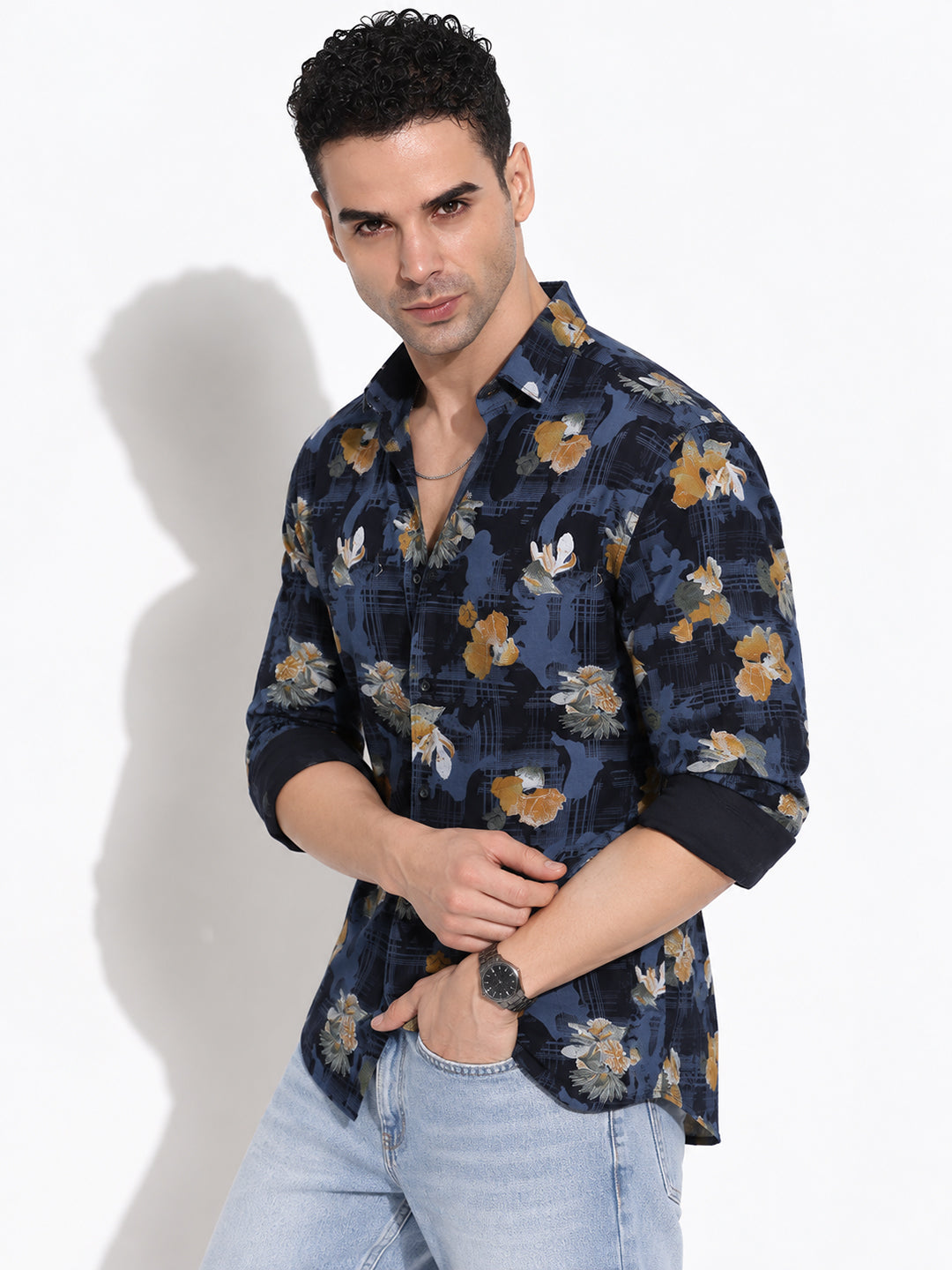 Men’s Floral Printed Navy Blue Slim Fit Casual Shirt with Spread Collar