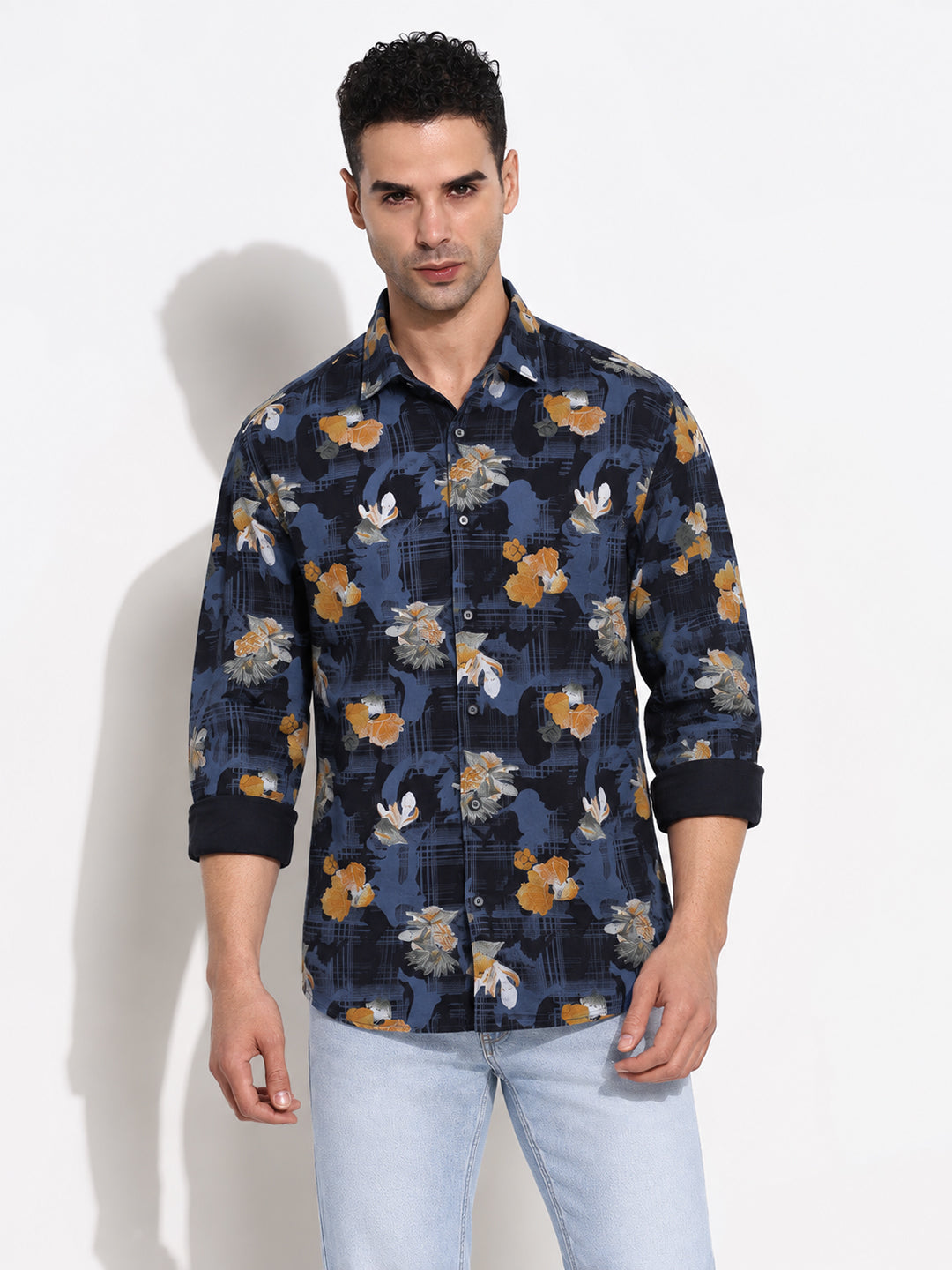 Men’s Floral Printed Navy Blue Slim Fit Casual Shirt with Spread Collar