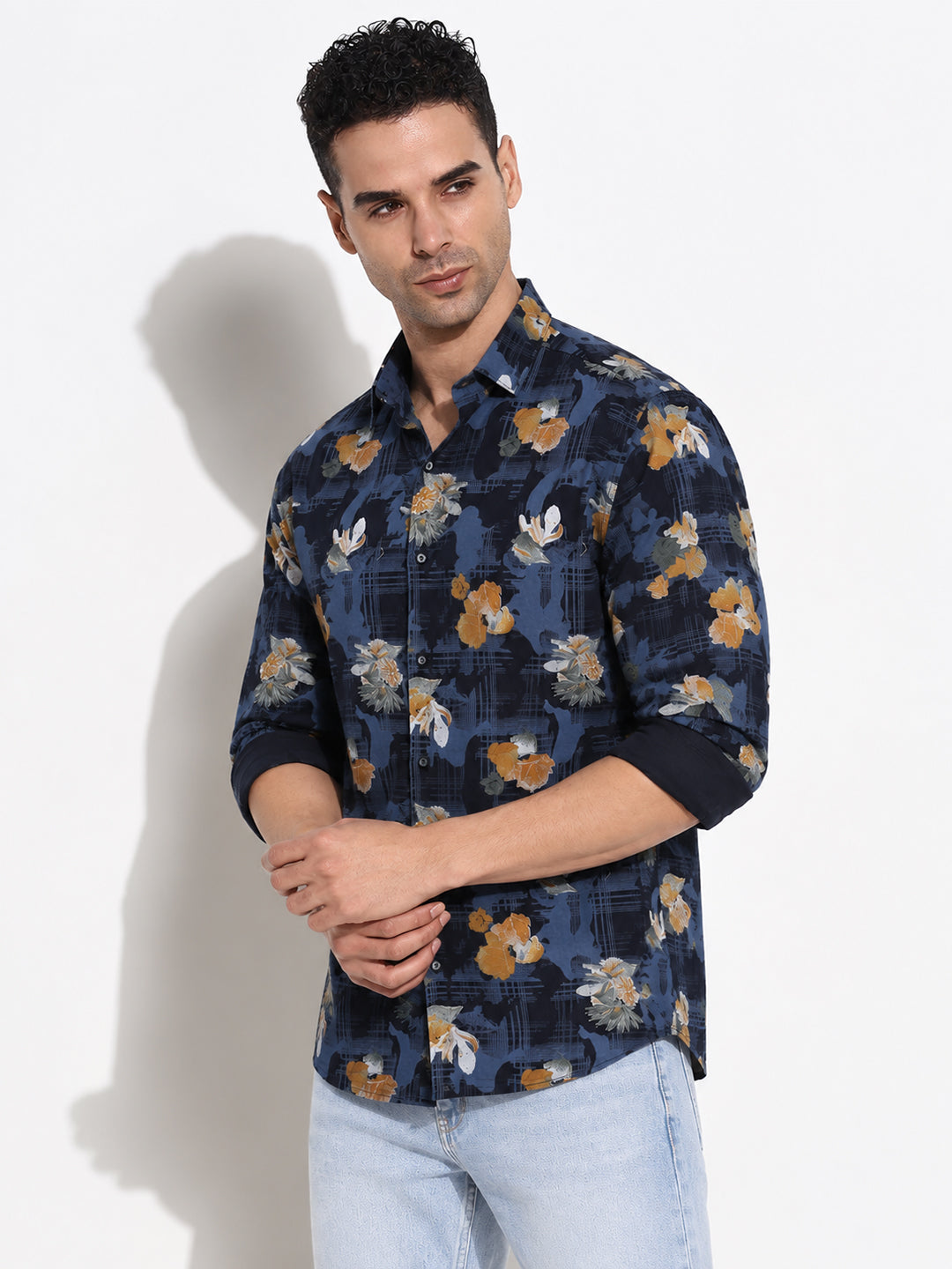 Men’s Floral Printed Navy Blue Slim Fit Casual Shirt with Spread Collar