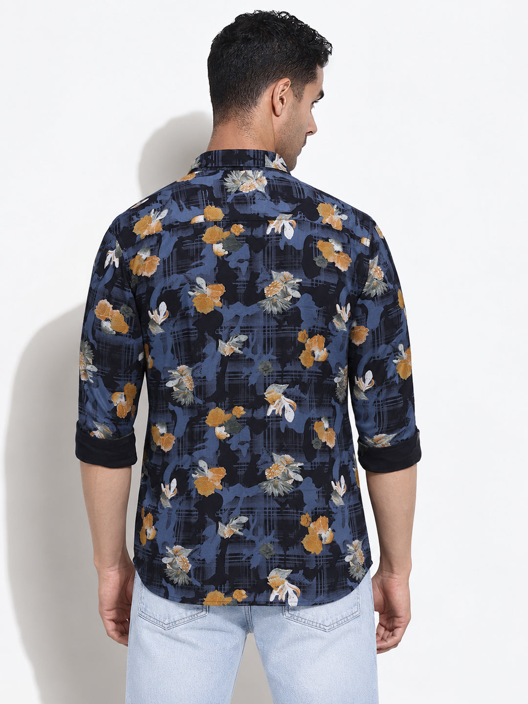 Men’s Floral Printed Navy Blue Slim Fit Casual Shirt with Spread Collar