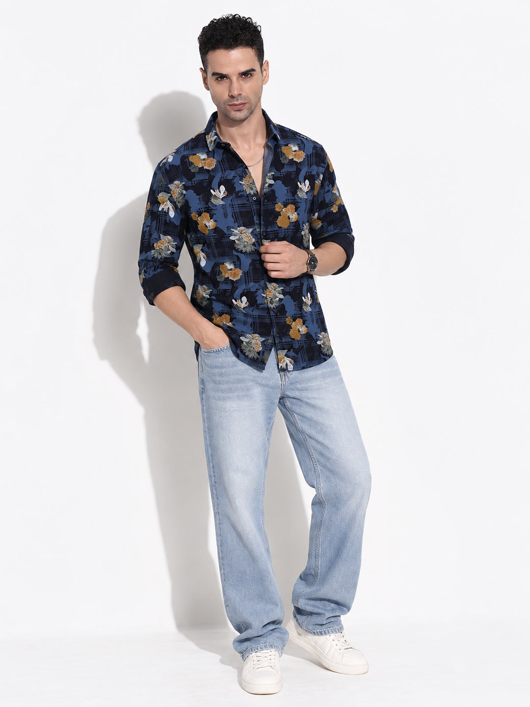 Men’s Floral Printed Navy Blue Slim Fit Casual Shirt with Spread Collar