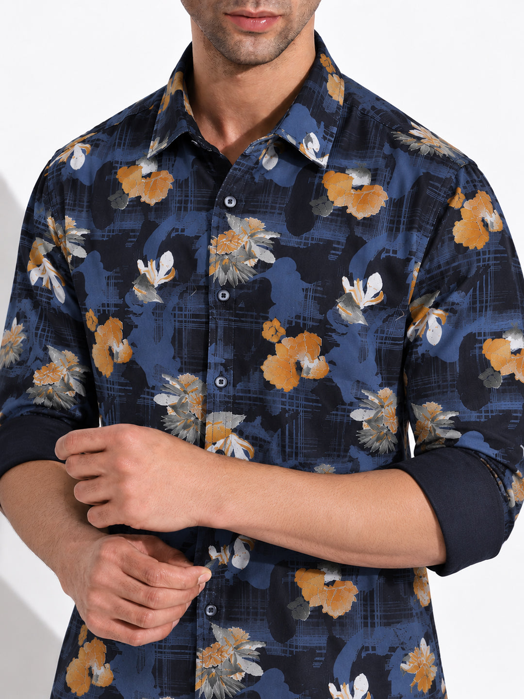 Men’s Floral Printed Navy Blue Slim Fit Casual Shirt with Spread Collar