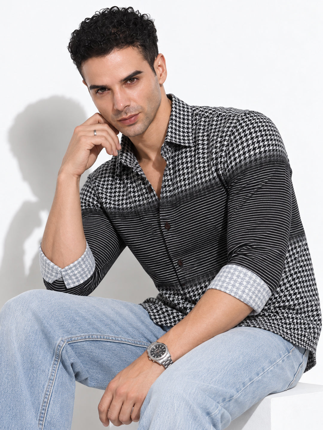 Men’s Houndstooth & Striped Black Slim Fit Casual Shirt