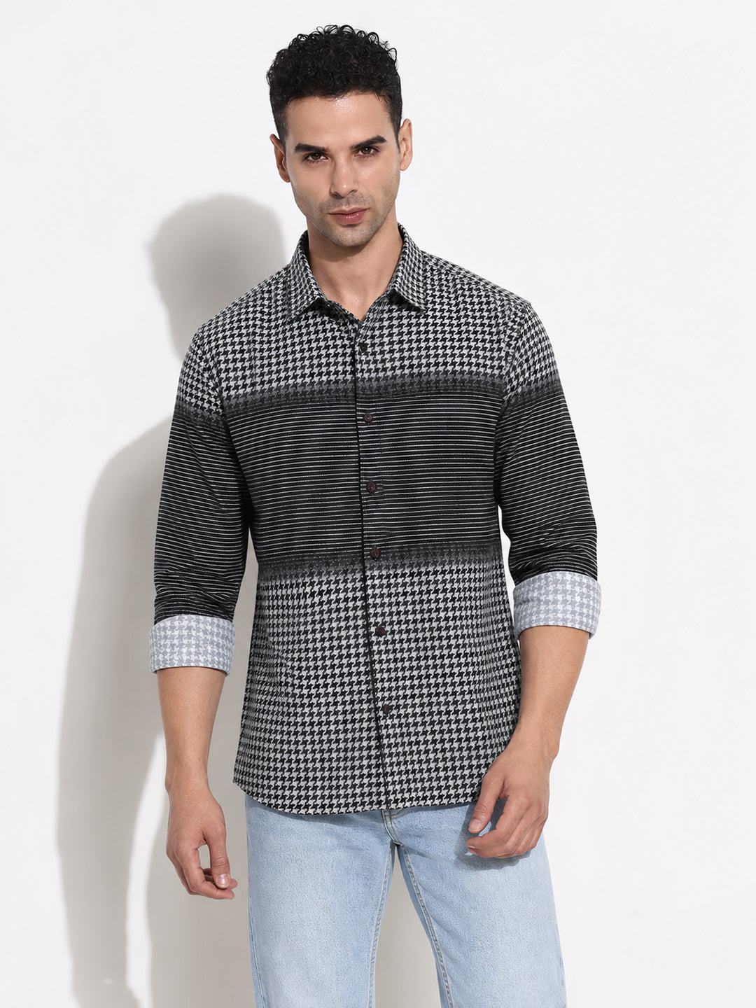 Men’s Houndstooth & Striped Black Slim Fit Casual Shirt