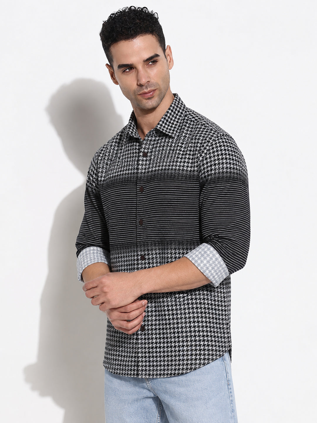Men’s Houndstooth & Striped Black Slim Fit Casual Shirt