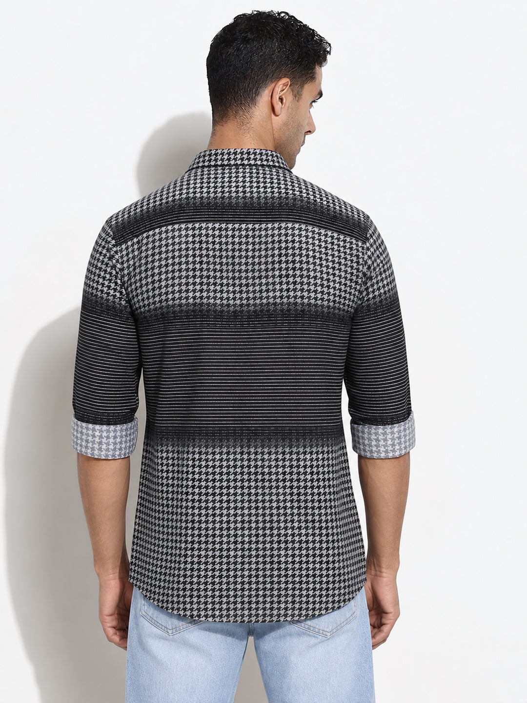 Men’s Houndstooth & Striped Black Slim Fit Casual Shirt