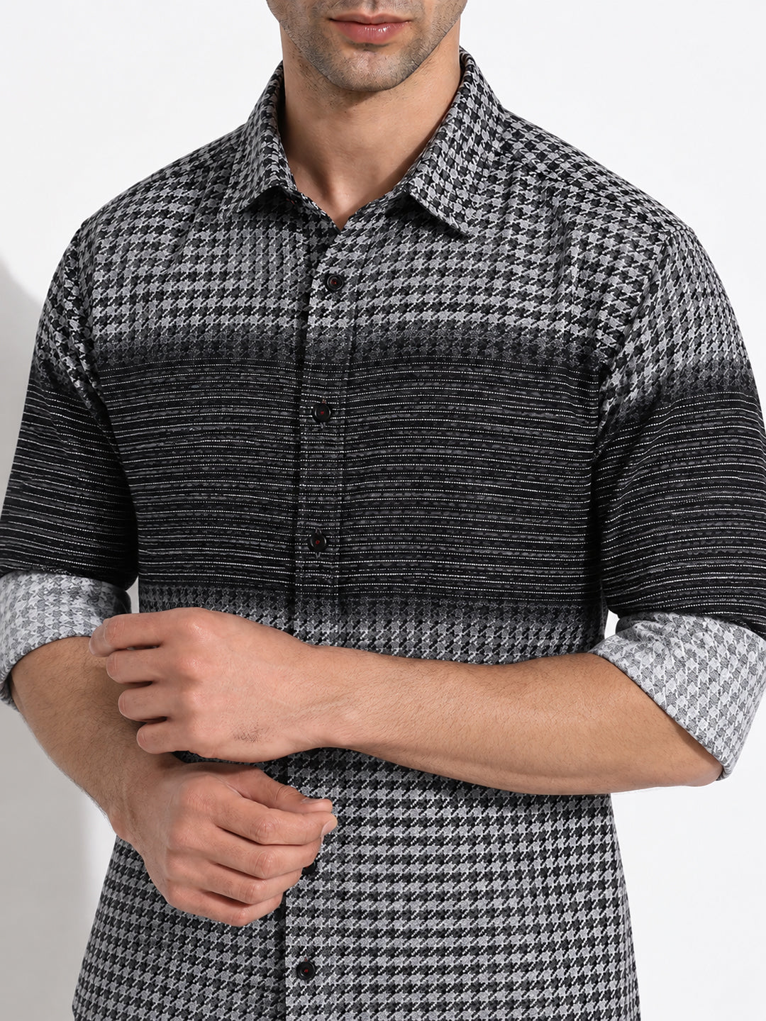 Men’s Houndstooth & Striped Black Slim Fit Casual Shirt
