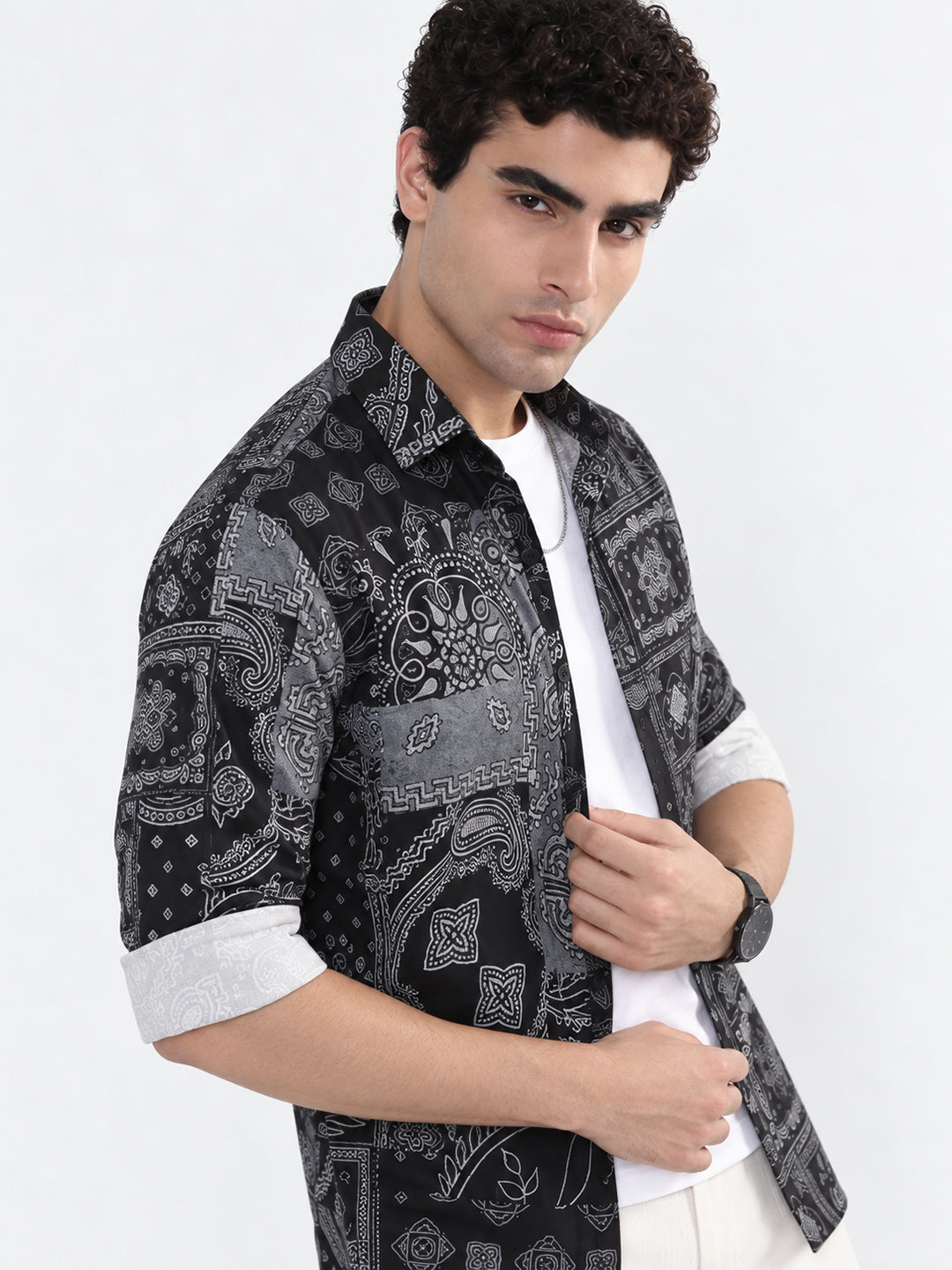 Men’s Ethnic Motifs Printed Black Slim Fit Long Sleeves Shirt
