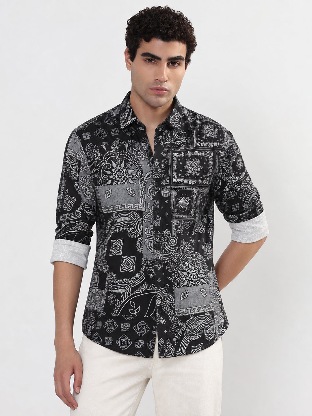 Men’s Ethnic Motifs Printed Black Slim Fit Long Sleeves Shirt