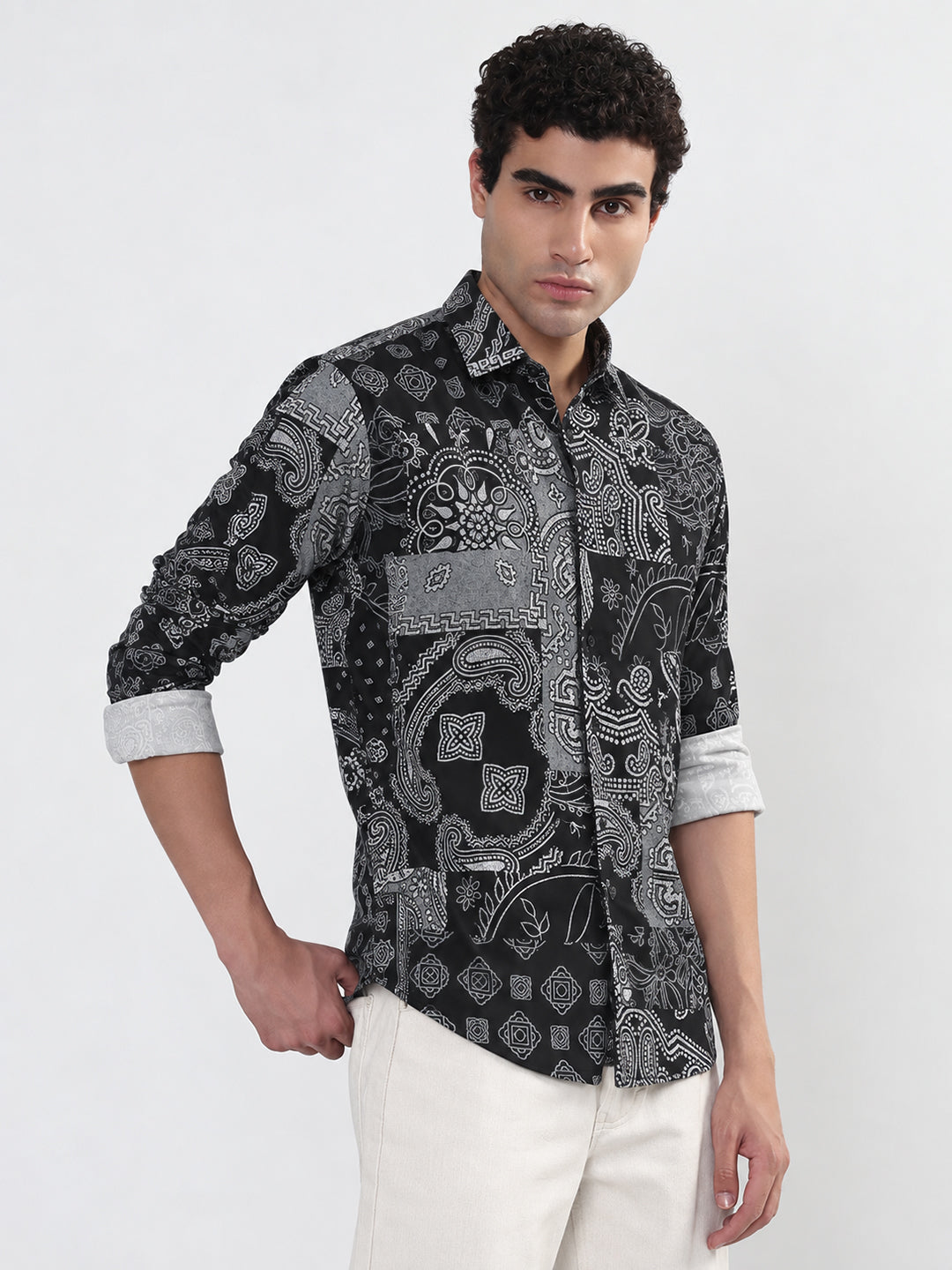 Men’s Ethnic Motifs Printed Black Slim Fit Long Sleeves Shirt