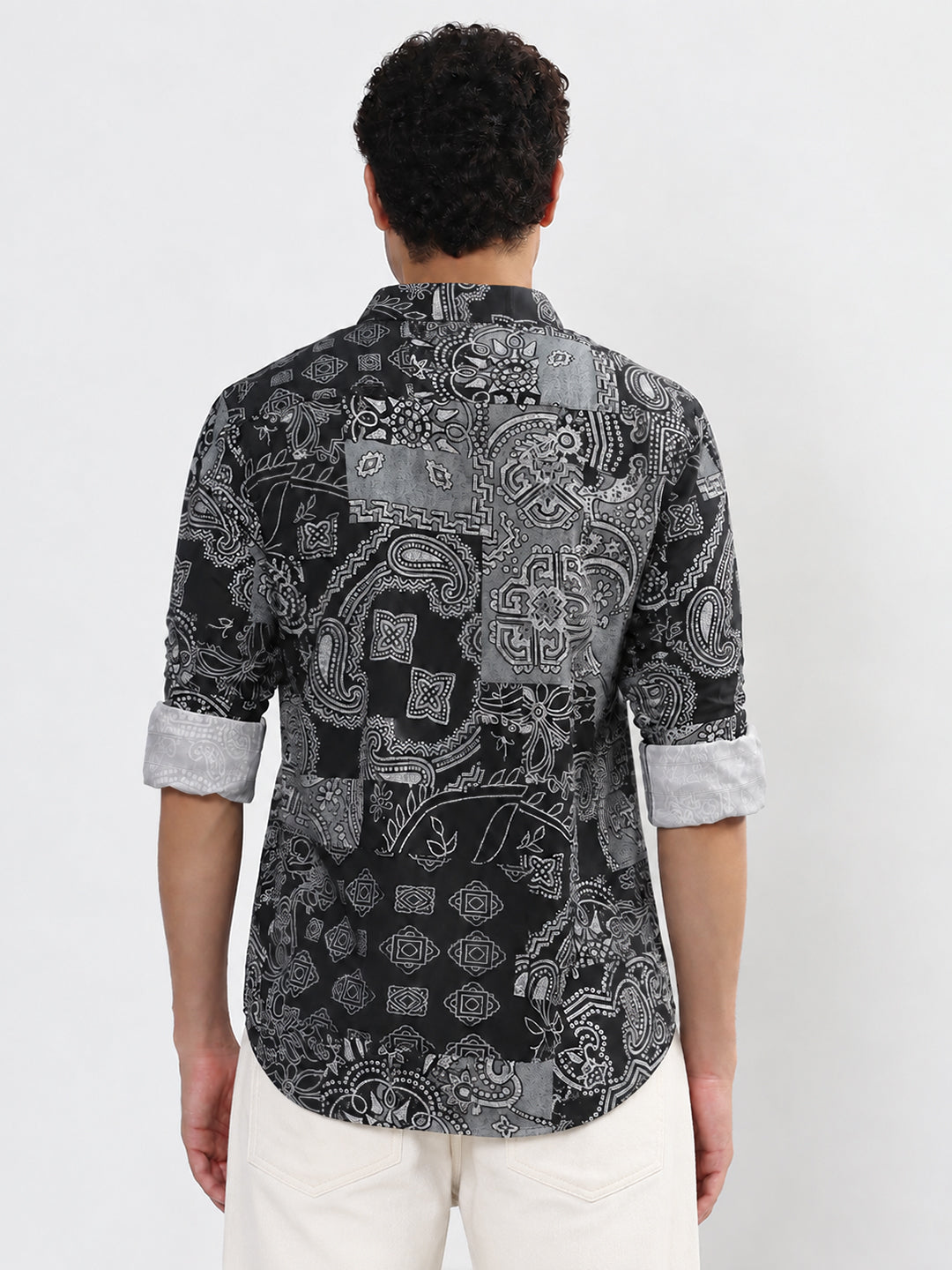 Men’s Ethnic Motifs Printed Black Slim Fit Long Sleeves Shirt