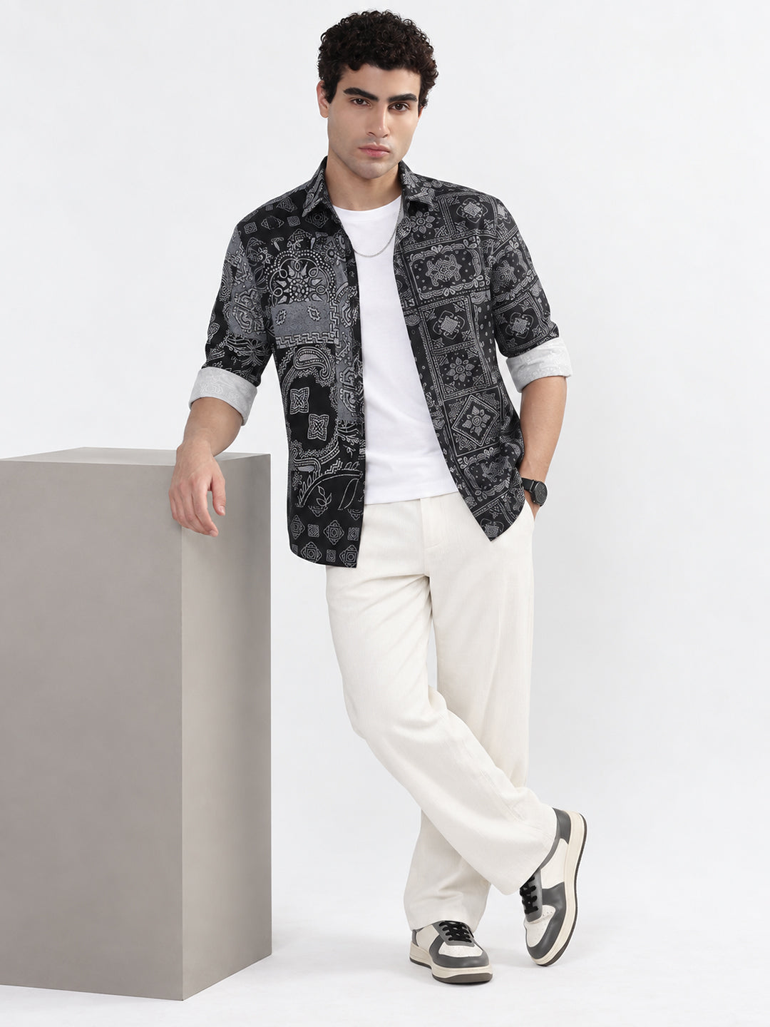 Men’s Ethnic Motifs Printed Black Slim Fit Long Sleeves Shirt