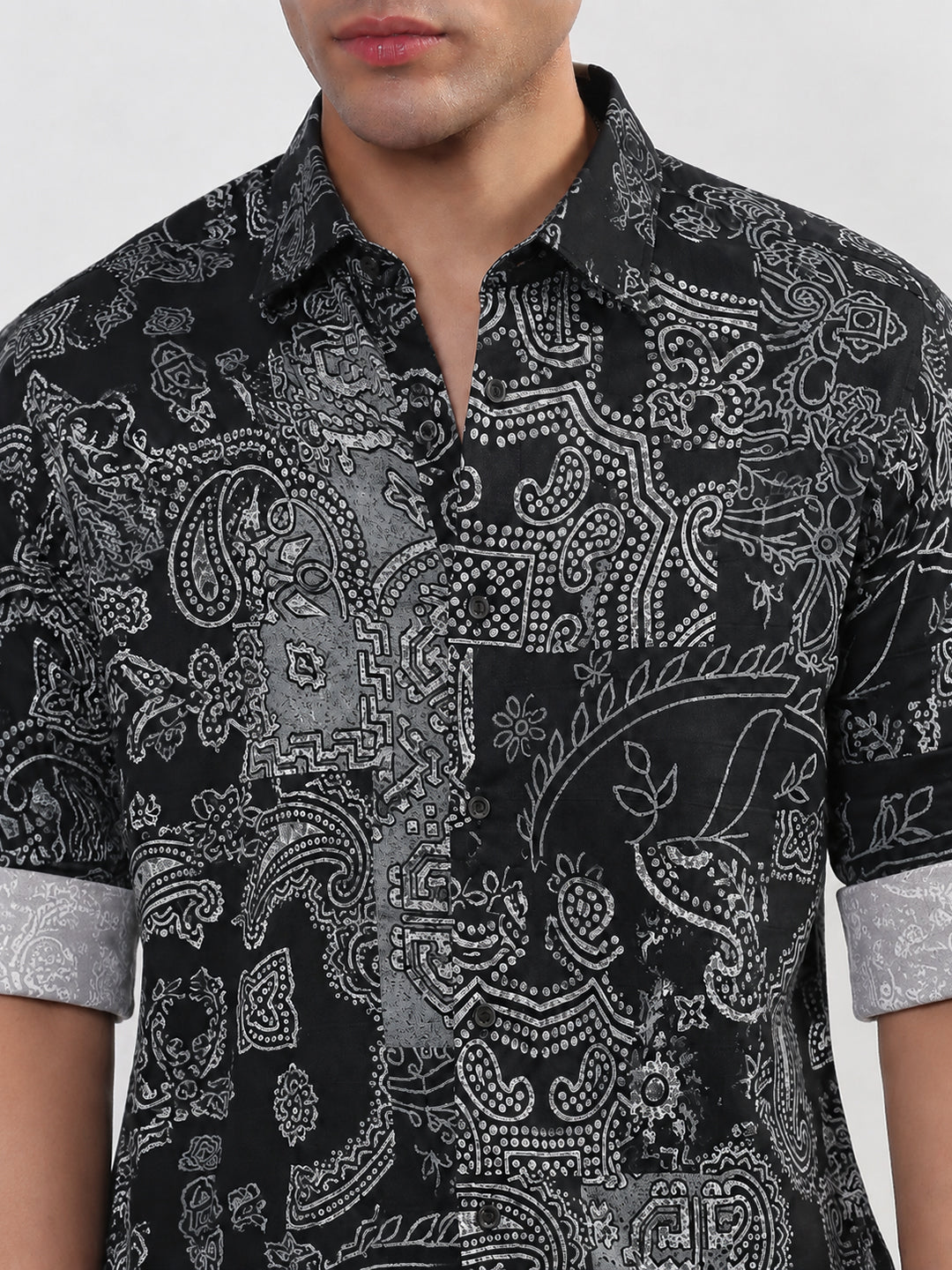Men’s Ethnic Motifs Printed Black Slim Fit Long Sleeves Shirt