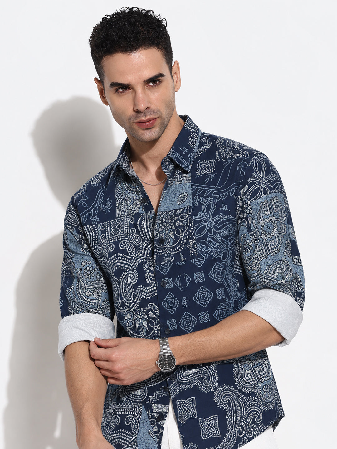 Men’s Navy Blue Ethnic Motifs Slim Fit Long Sleeves Shirt