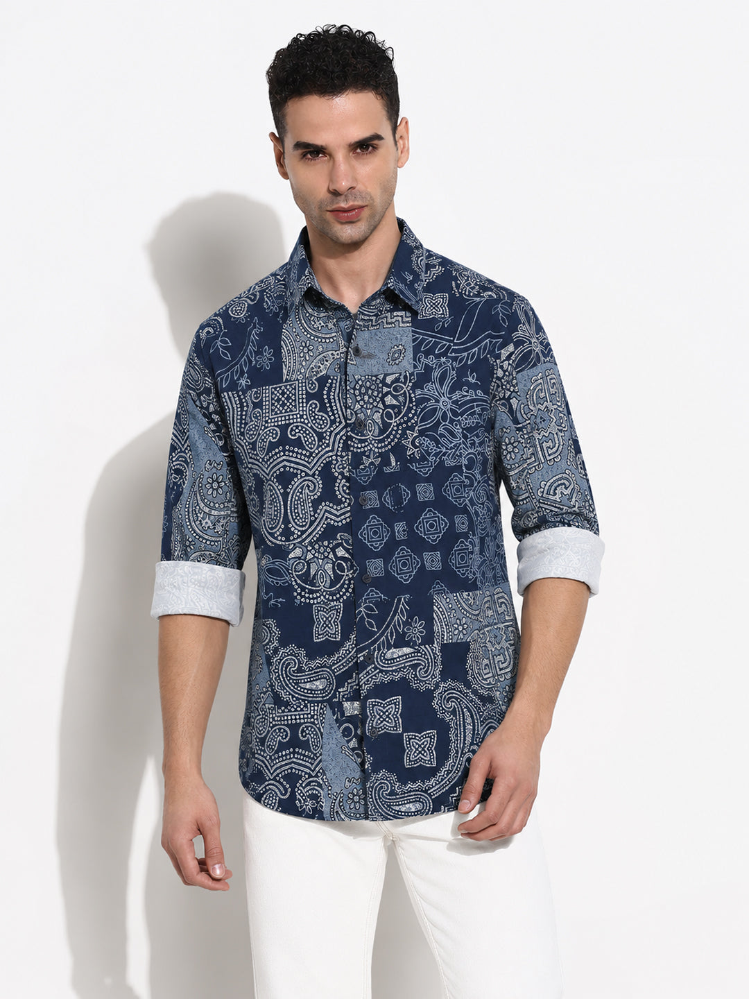Men’s Navy Blue Ethnic Motifs Slim Fit Long Sleeves Shirt