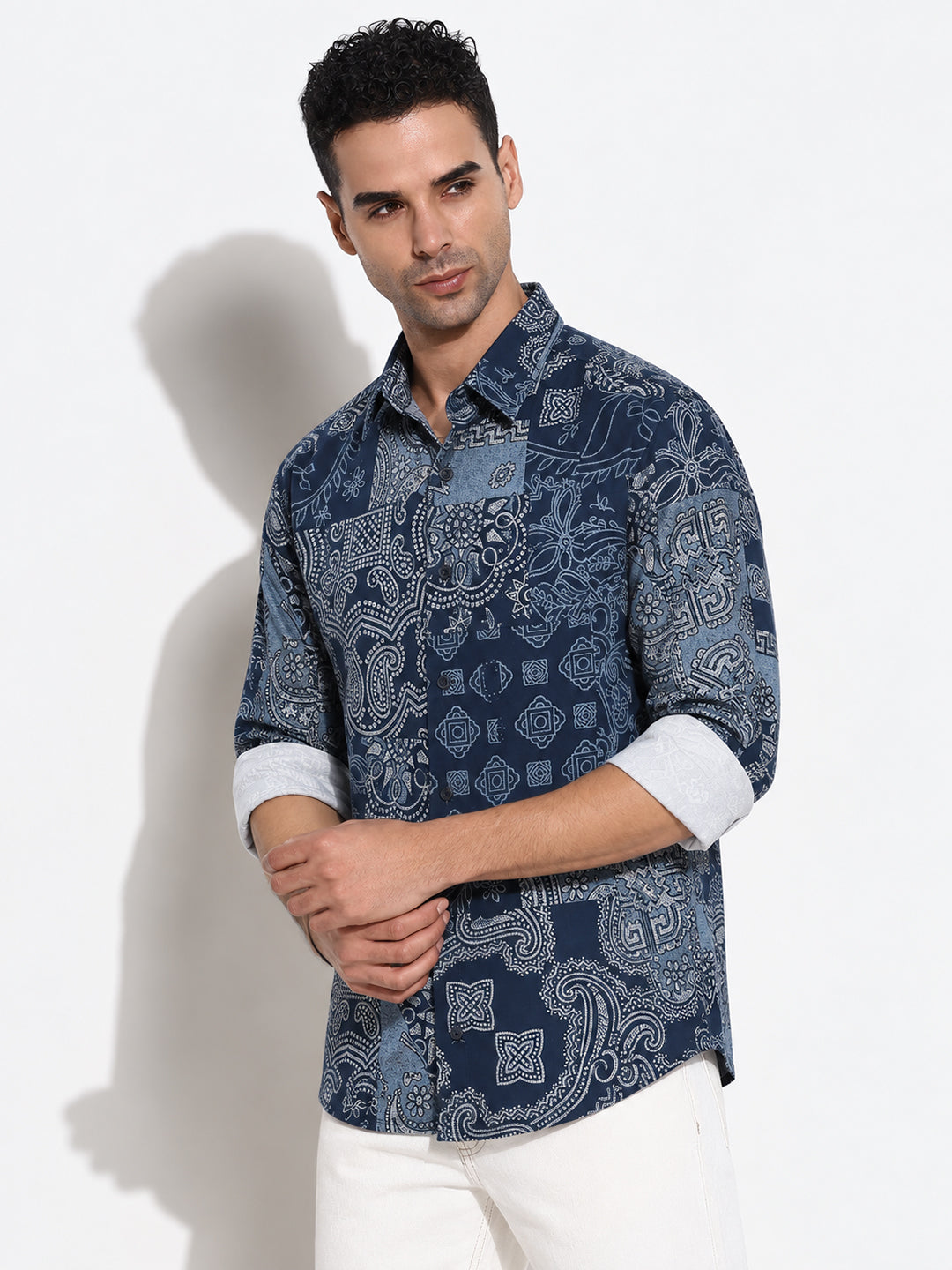 Men’s Navy Blue Ethnic Motifs Slim Fit Long Sleeves Shirt