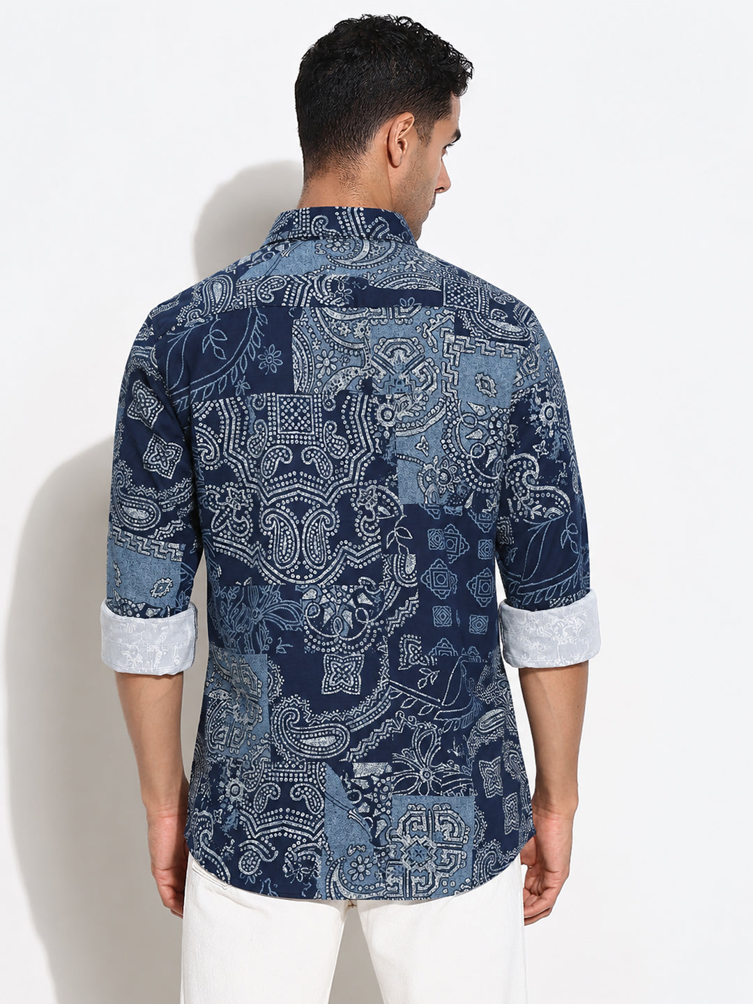 Men’s Navy Blue Ethnic Motifs Slim Fit Long Sleeves Shirt