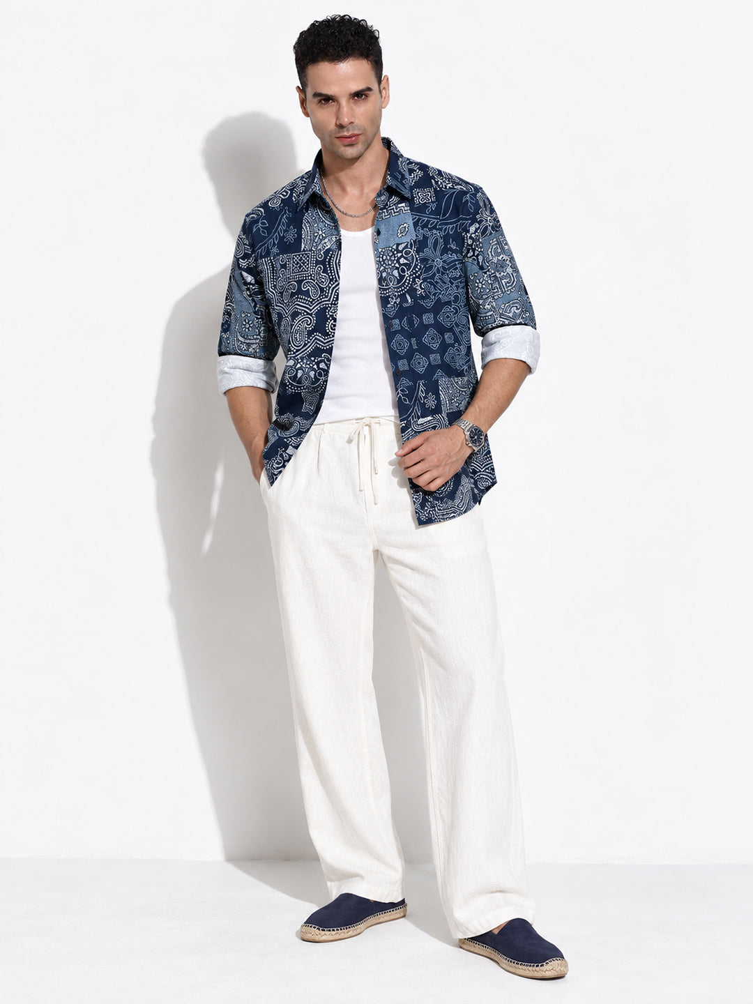 Men’s Navy Blue Ethnic Motifs Slim Fit Long Sleeves Shirt