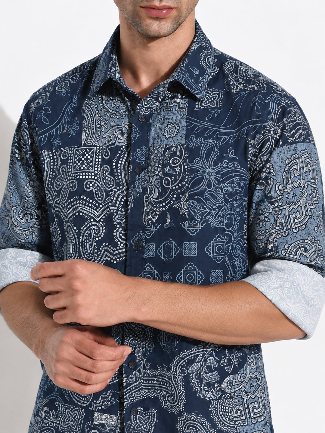 Men’s Navy Blue Ethnic Motifs Slim Fit Long Sleeves Shirt