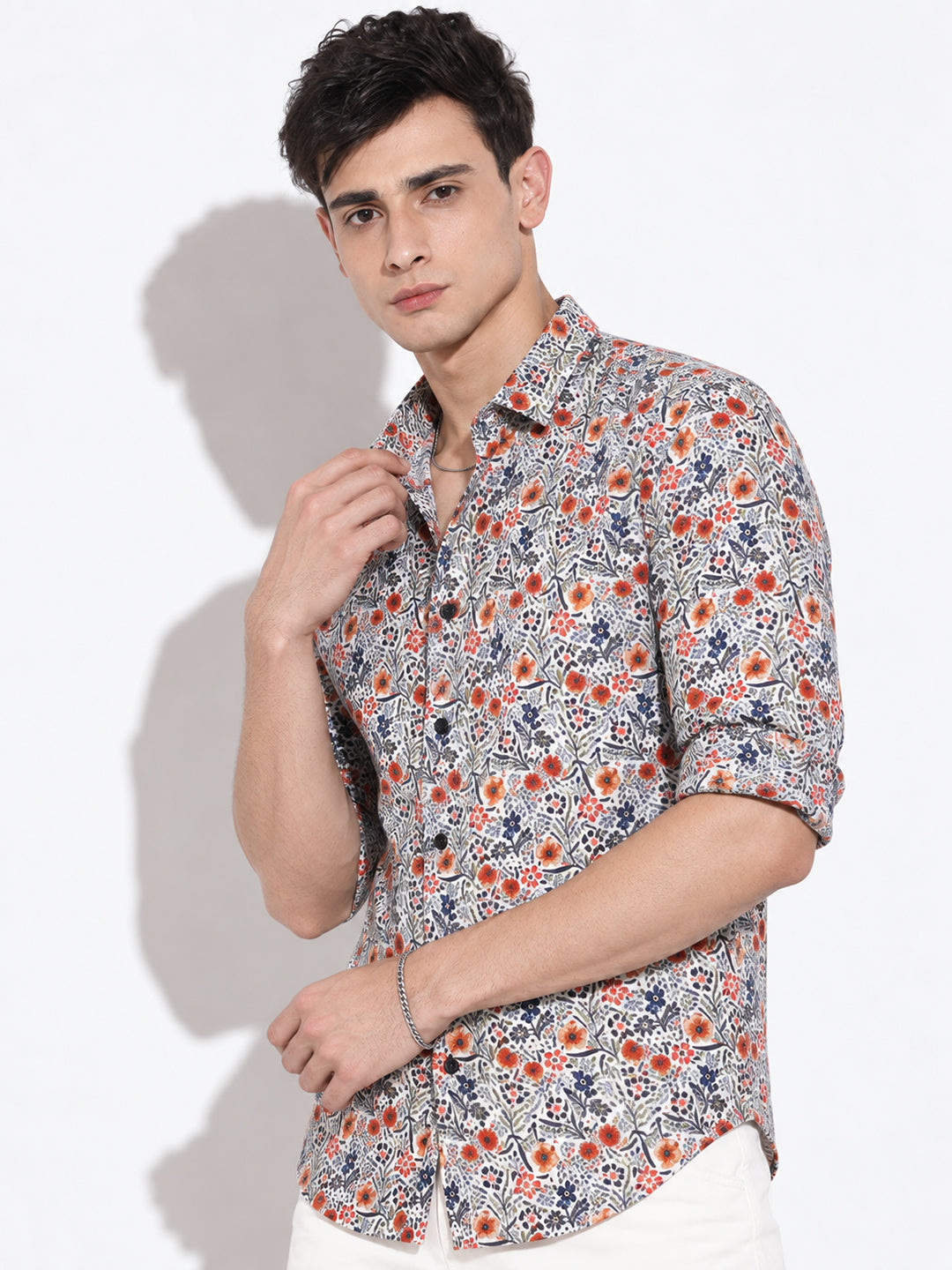 Men’s Floral Print White Slim Fit Long Sleeves Shirt
