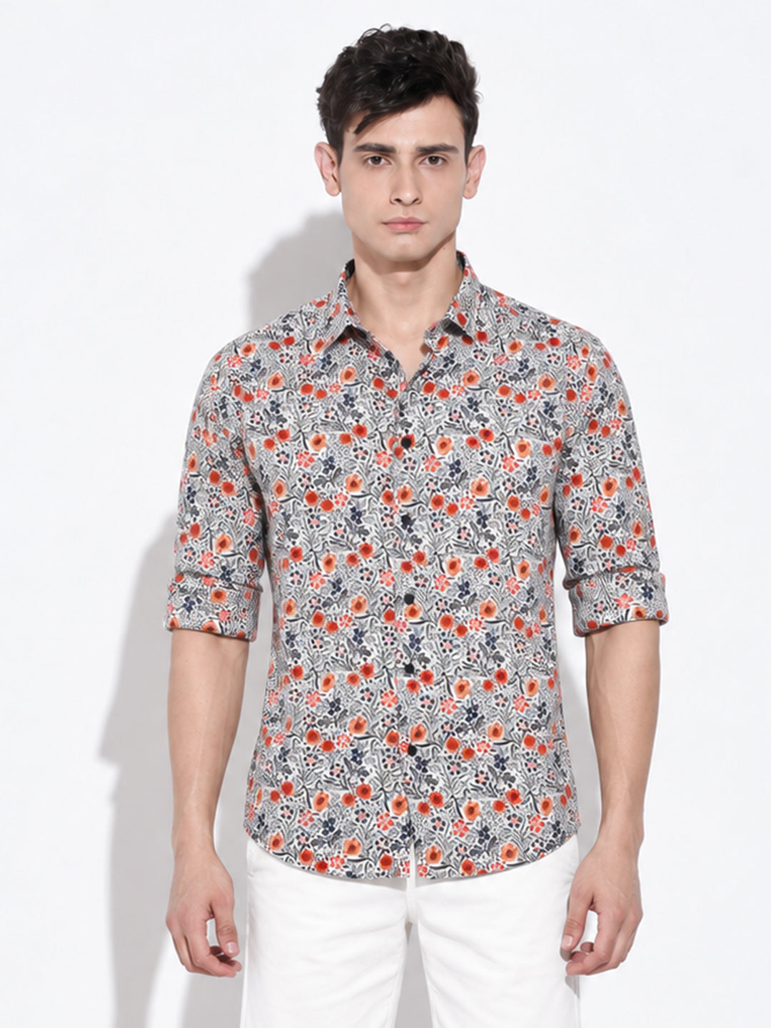 Men’s Floral Print White Slim Fit Long Sleeves Shirt