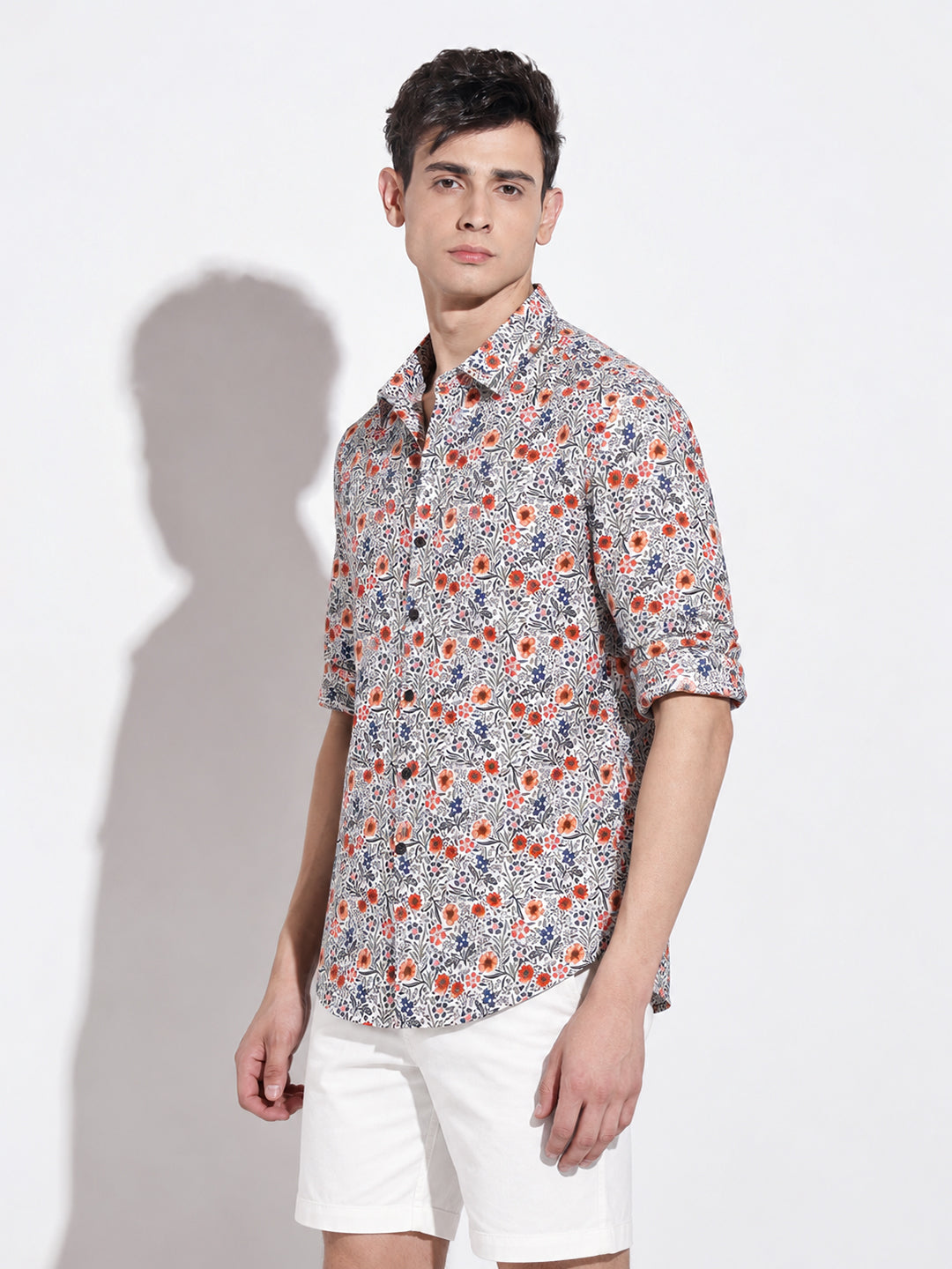 Men’s Floral Print White Slim Fit Long Sleeves Shirt