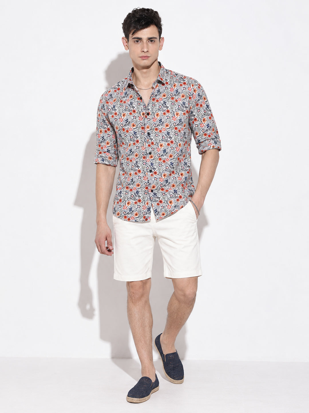 Men’s Floral Print White Slim Fit Long Sleeves Shirt