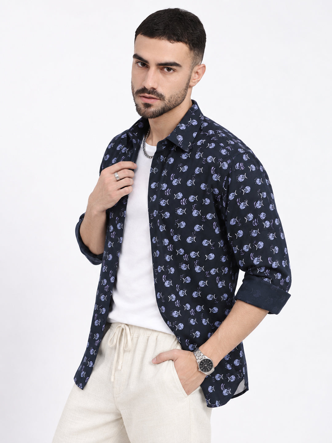 Men’s Printed Navy Blue Slm Fit Long Sleeves Shirt