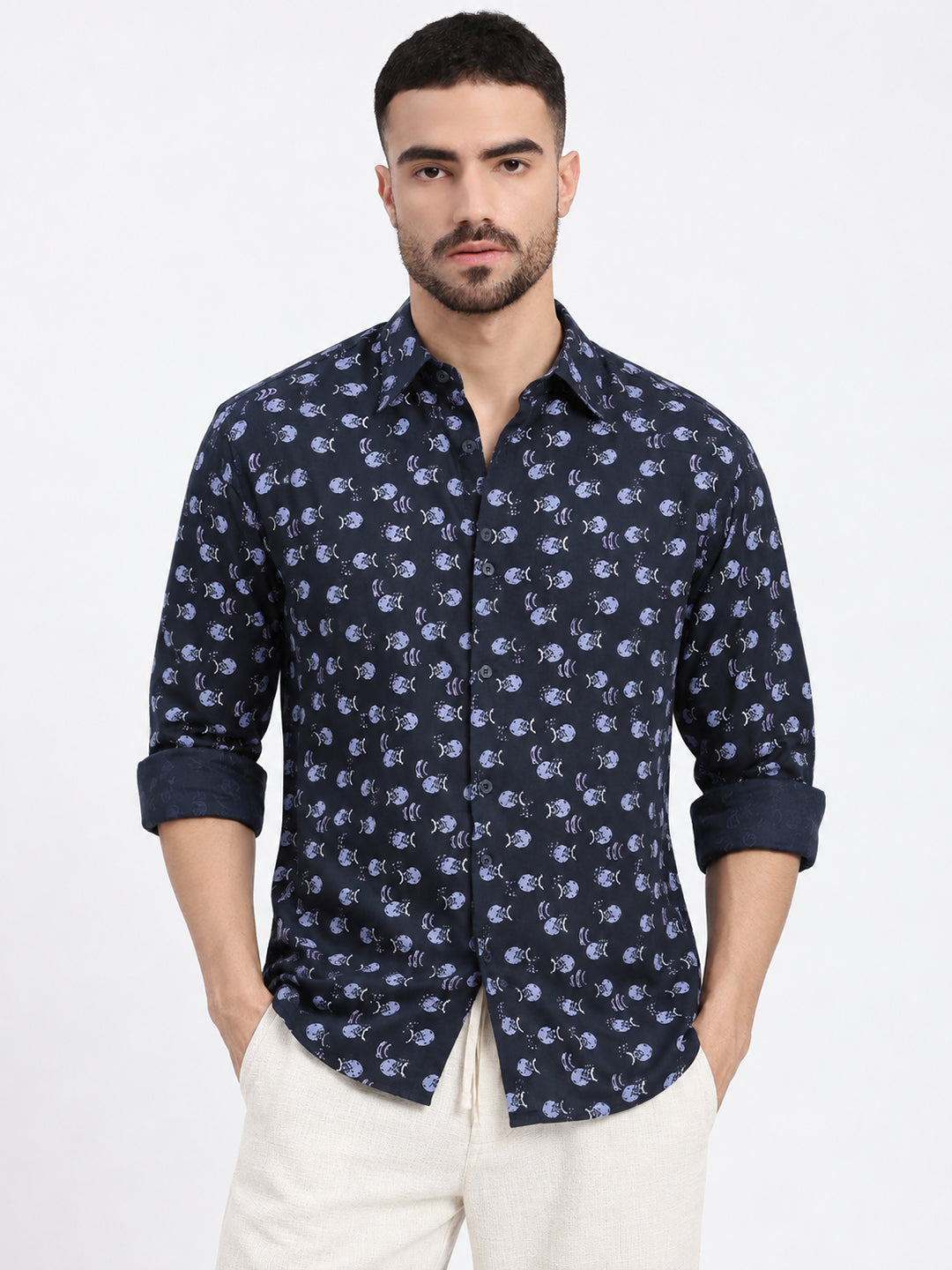 Men’s Printed Navy Blue Slm Fit Long Sleeves Shirt