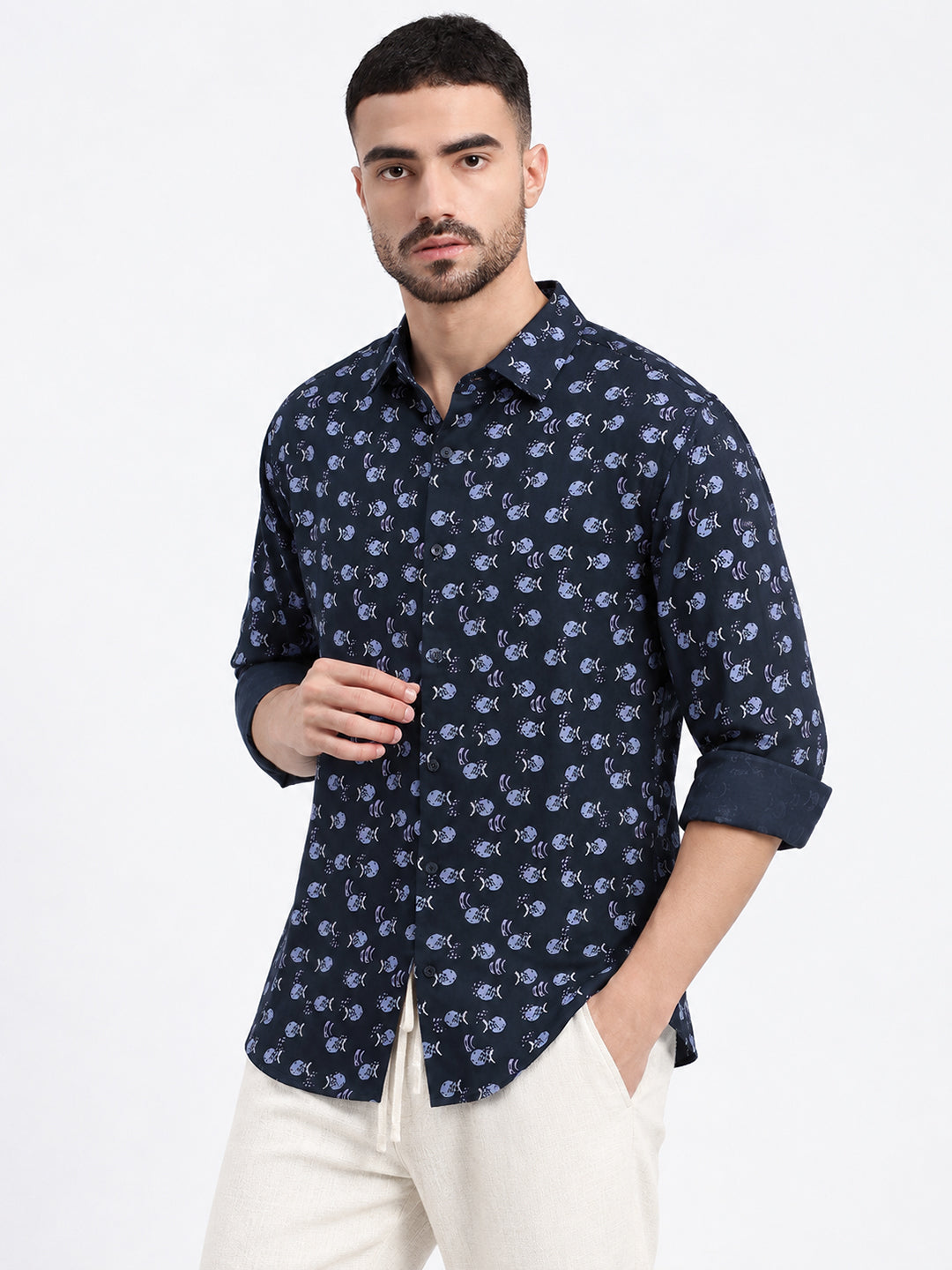 Men’s Printed Navy Blue Slm Fit Long Sleeves Shirt