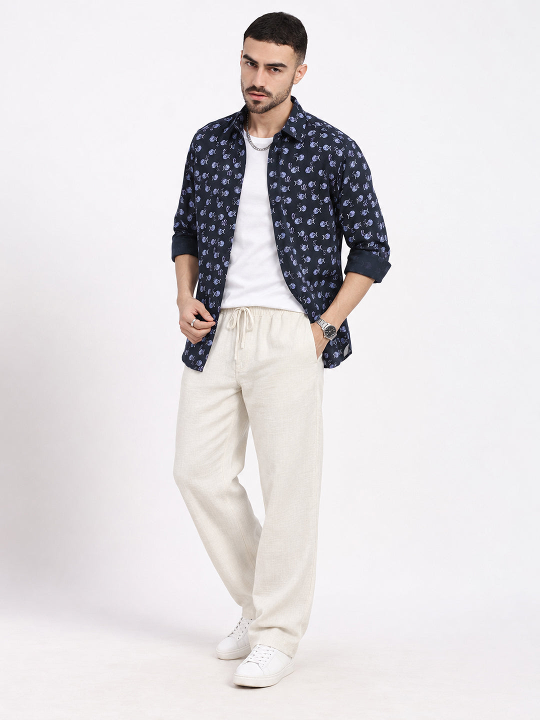 Men’s Printed Navy Blue Slm Fit Long Sleeves Shirt