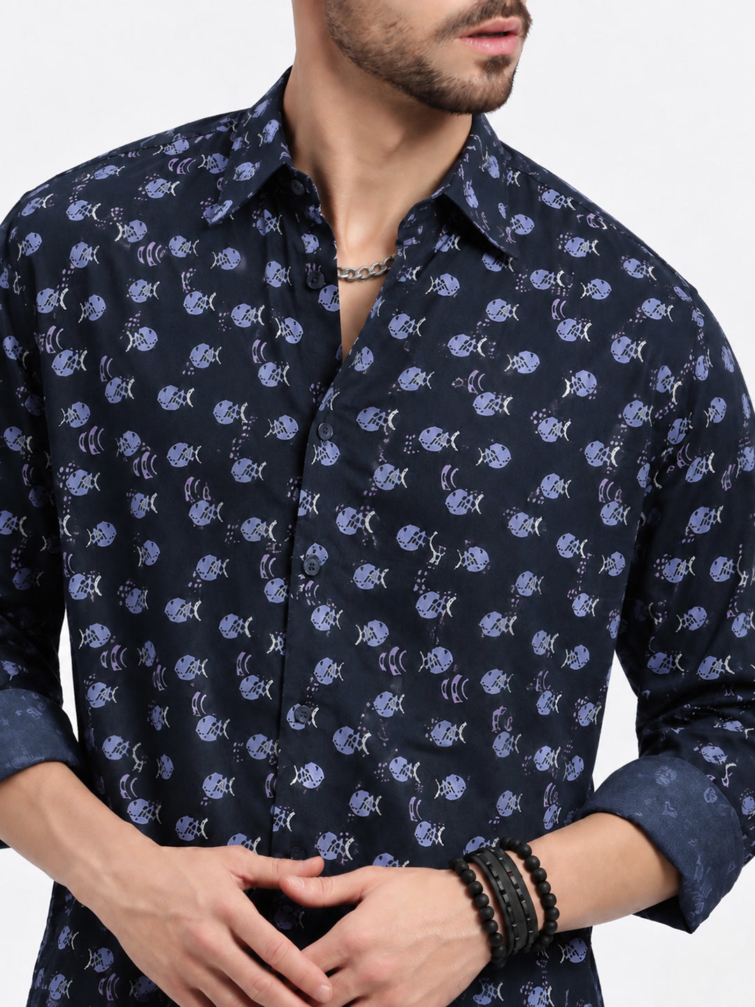 Men’s Printed Navy Blue Slm Fit Long Sleeves Shirt