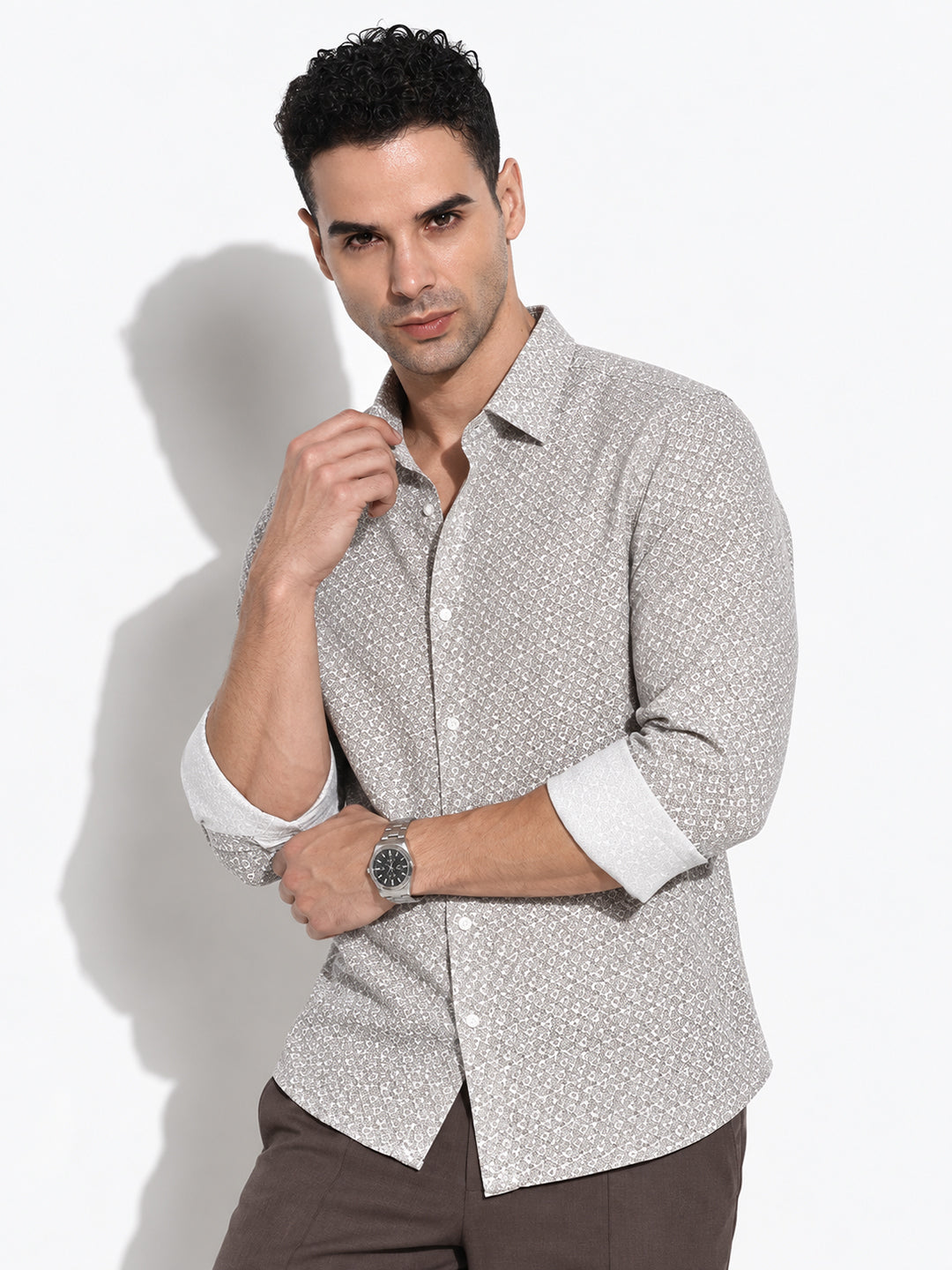 Men’s Floral Printed Off White Slim Fit Long Sleeves Shirt