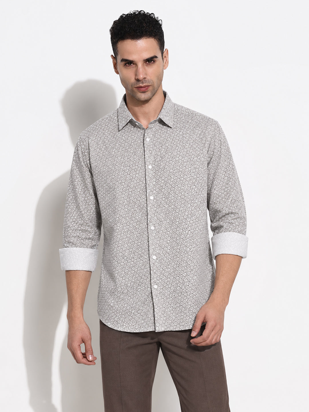 Men’s Floral Printed Off White Slim Fit Long Sleeves Shirt