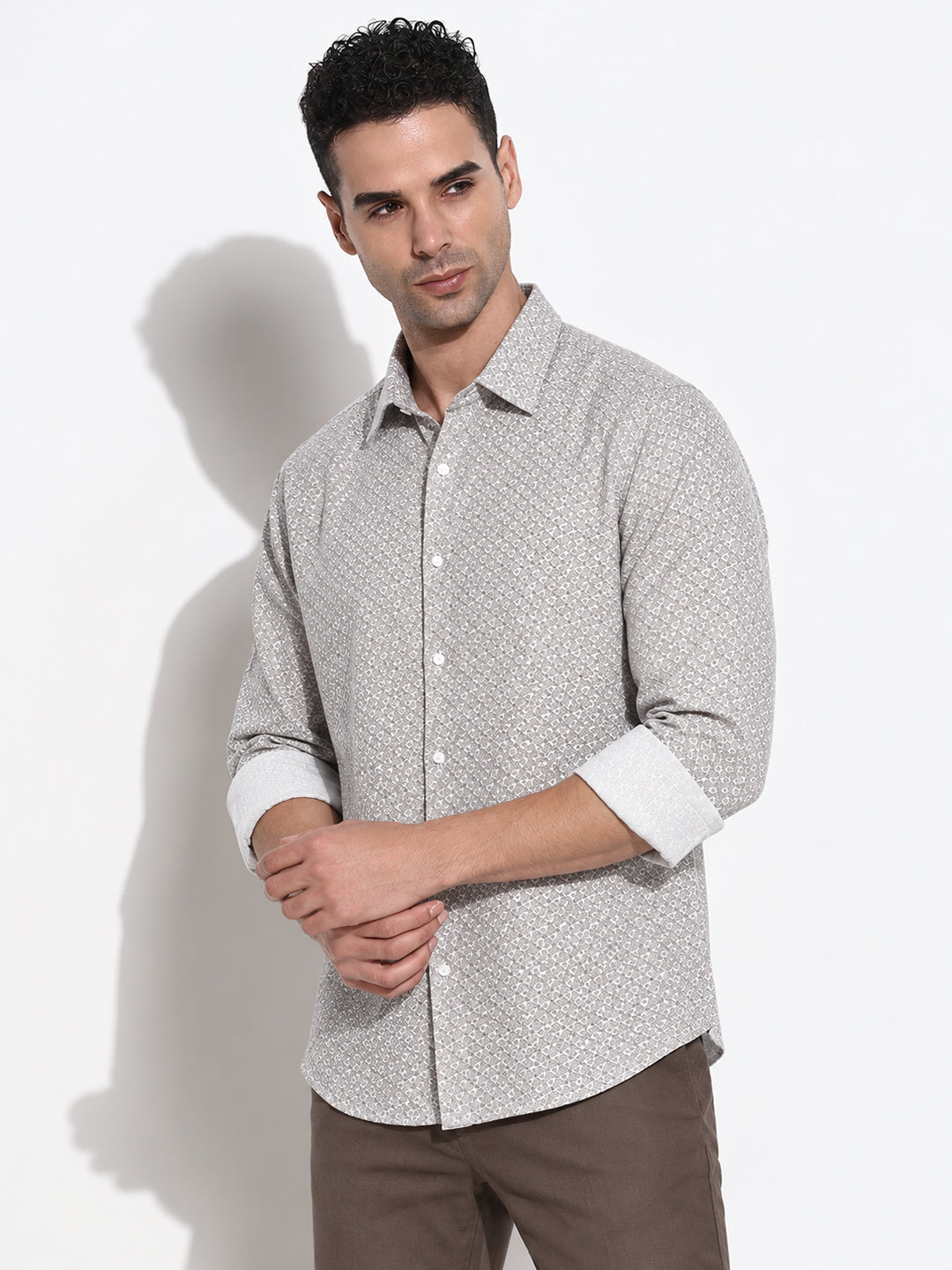 Men’s Floral Printed Off White Slim Fit Long Sleeves Shirt